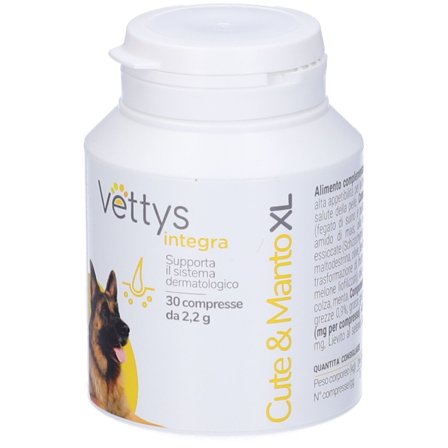 Flacone di compresse bianco. Scritta: Vettys Integra Cute & Manto XL. Immagine di un cane.