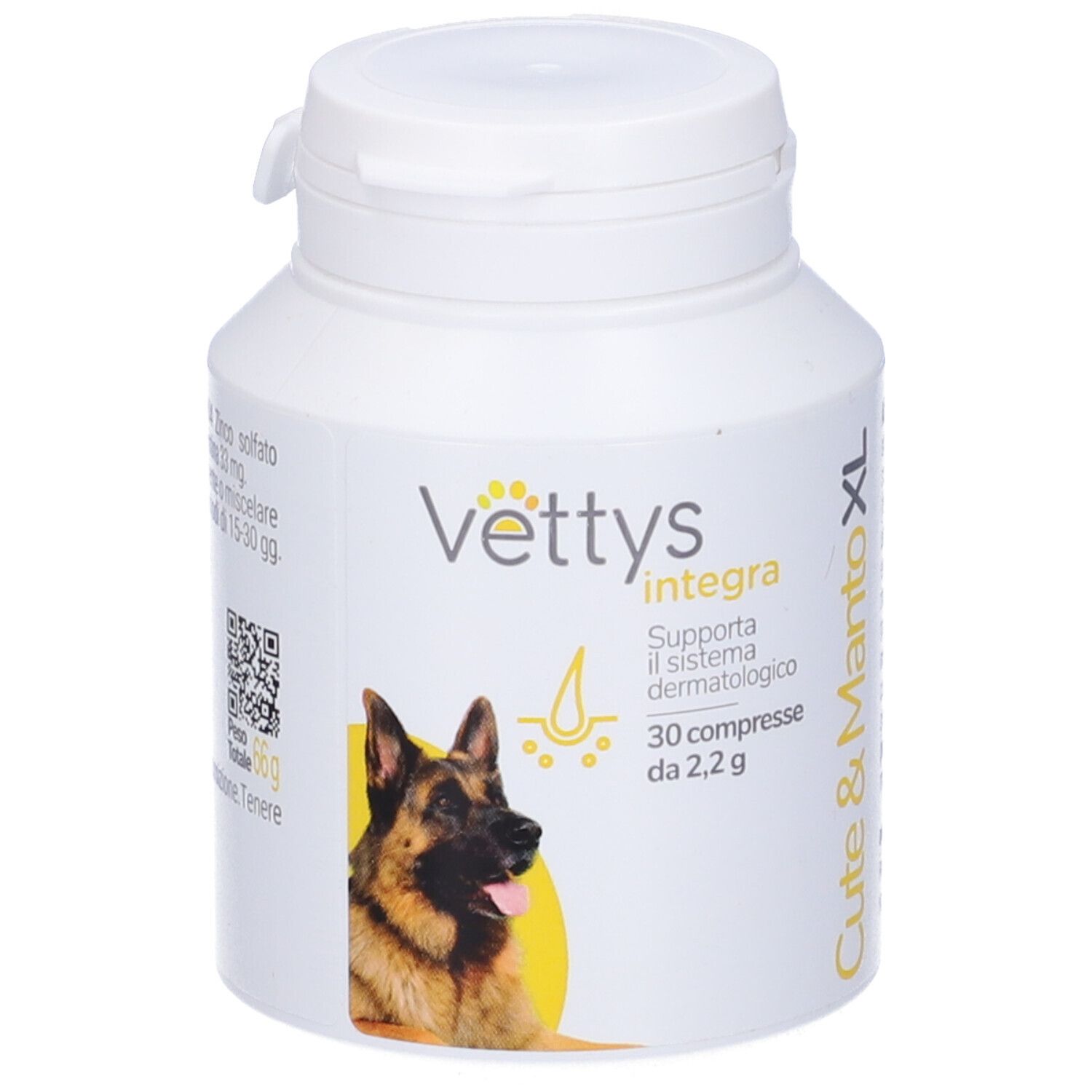 Flacone di compresse bianco. Scritta: Vettys Integra Cute & Manto XL. Immagine di un cane.