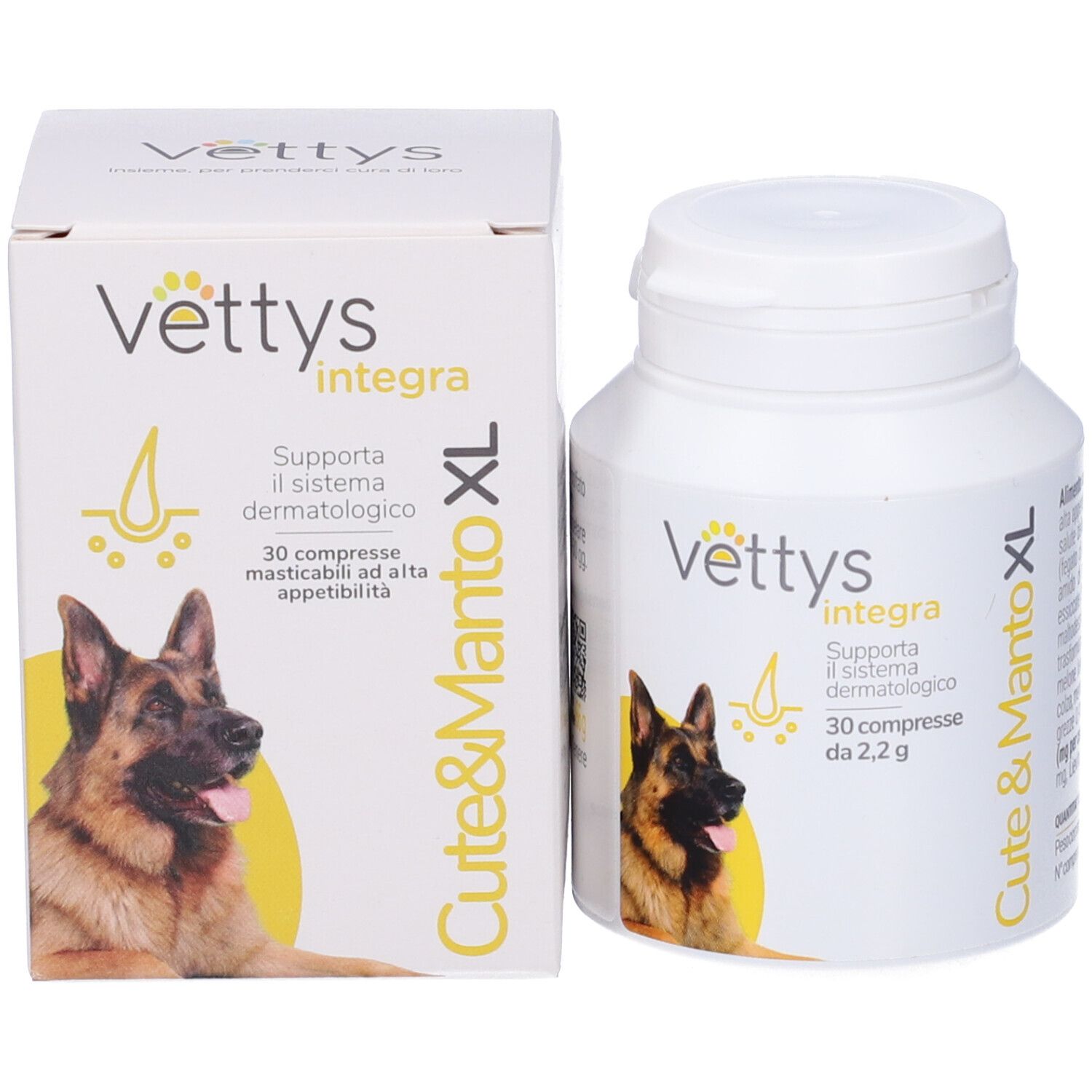 Confezione del prodotto e flacone di compresse. Scritta: Vettys Integra Cute & Manto XL. Immagine di un cane.