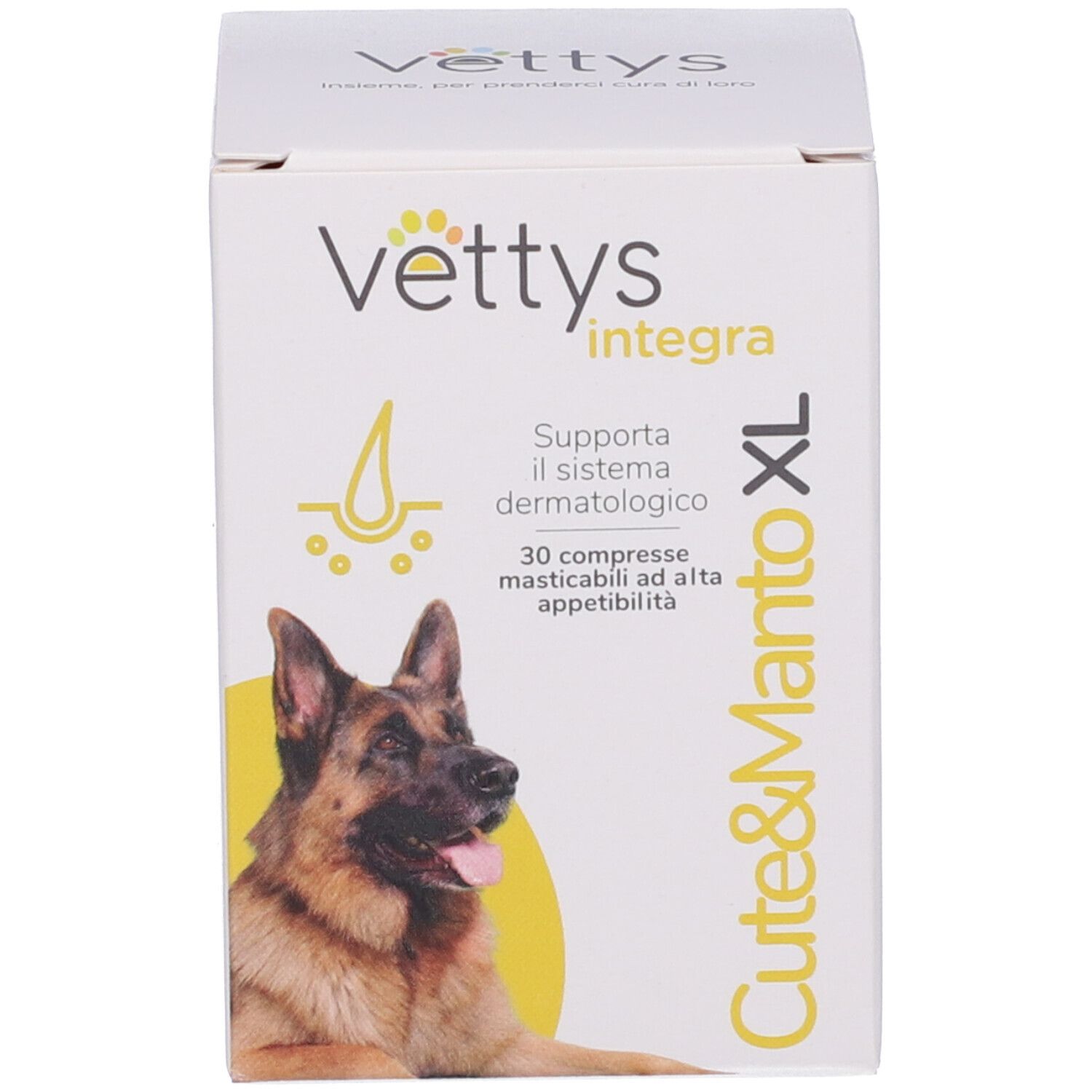 Confezione del prodotto. Scritta: Vettys Integra Cute & Manto XL. Immagine di un cane.