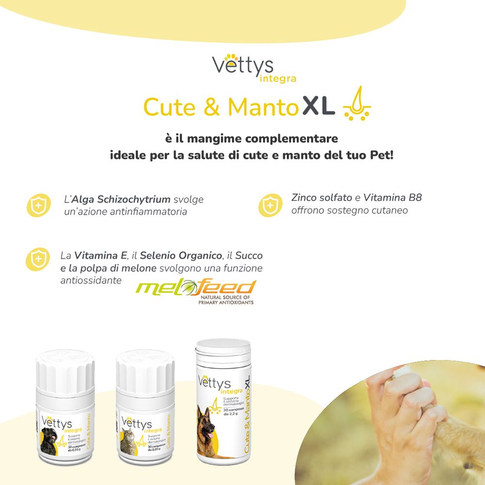 Tre flaconi di compresse. Scritta: Vettys Integra Cute & Manto XL. Immagini di cani.
