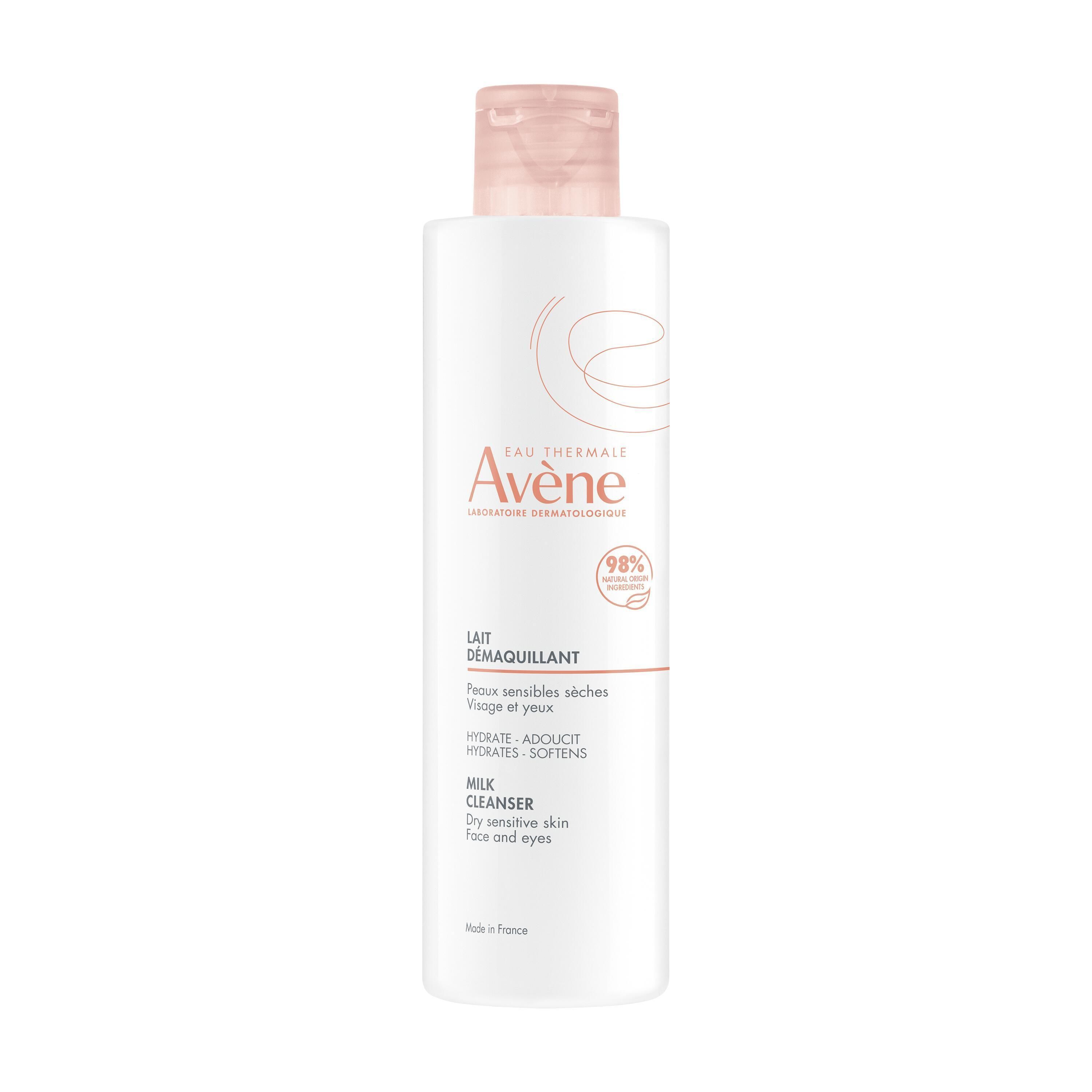 Flacone bianco con tappo rosa. Scritta: Eau Thermale Avène, Lait Démaquillant, 98%. Per pelli secche e sensibili.