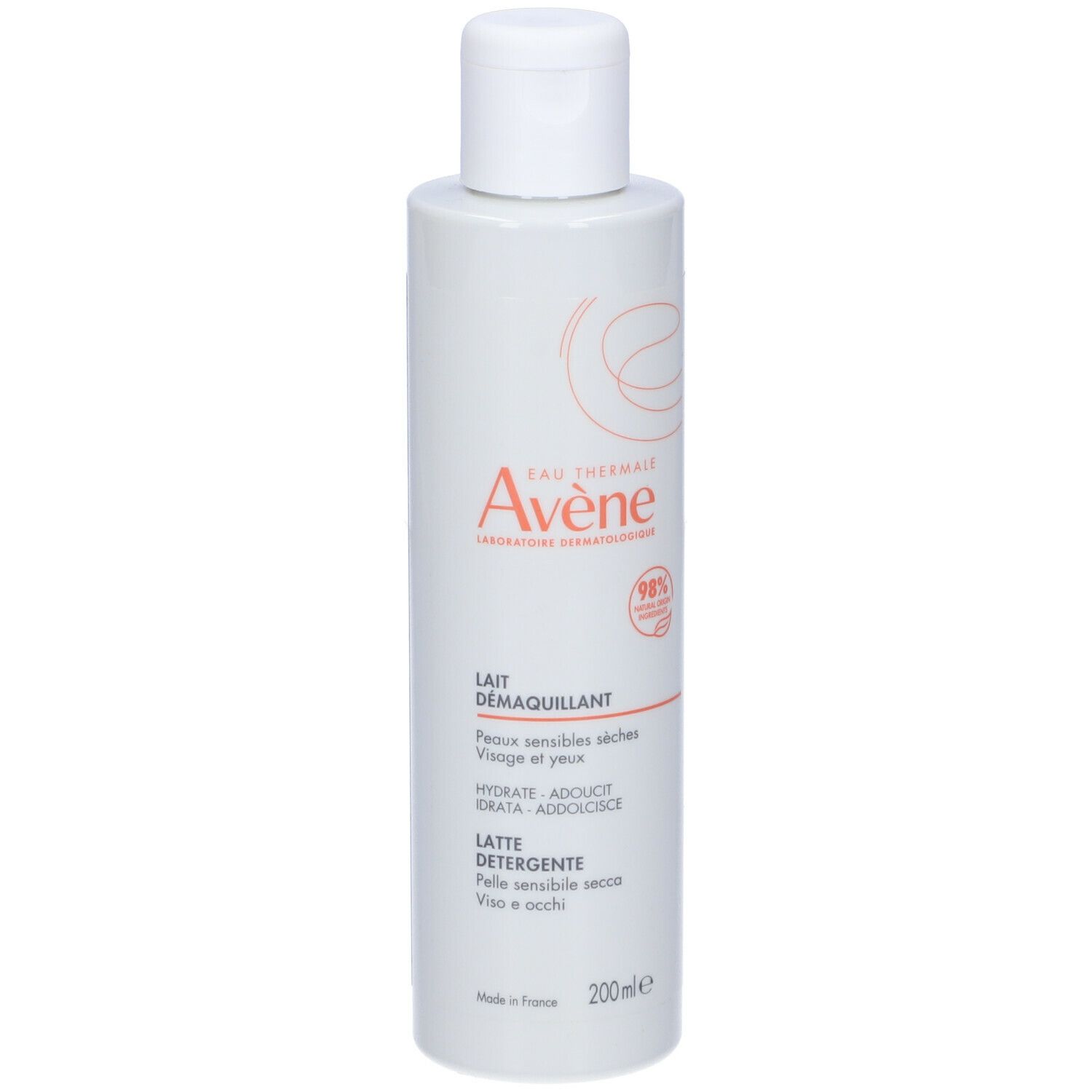 Flacone bianco con tappo bianco. Scritta: Eau Thermale Avène, Lait Démaquillant, 200ml. Per pelli secche e sensibili.