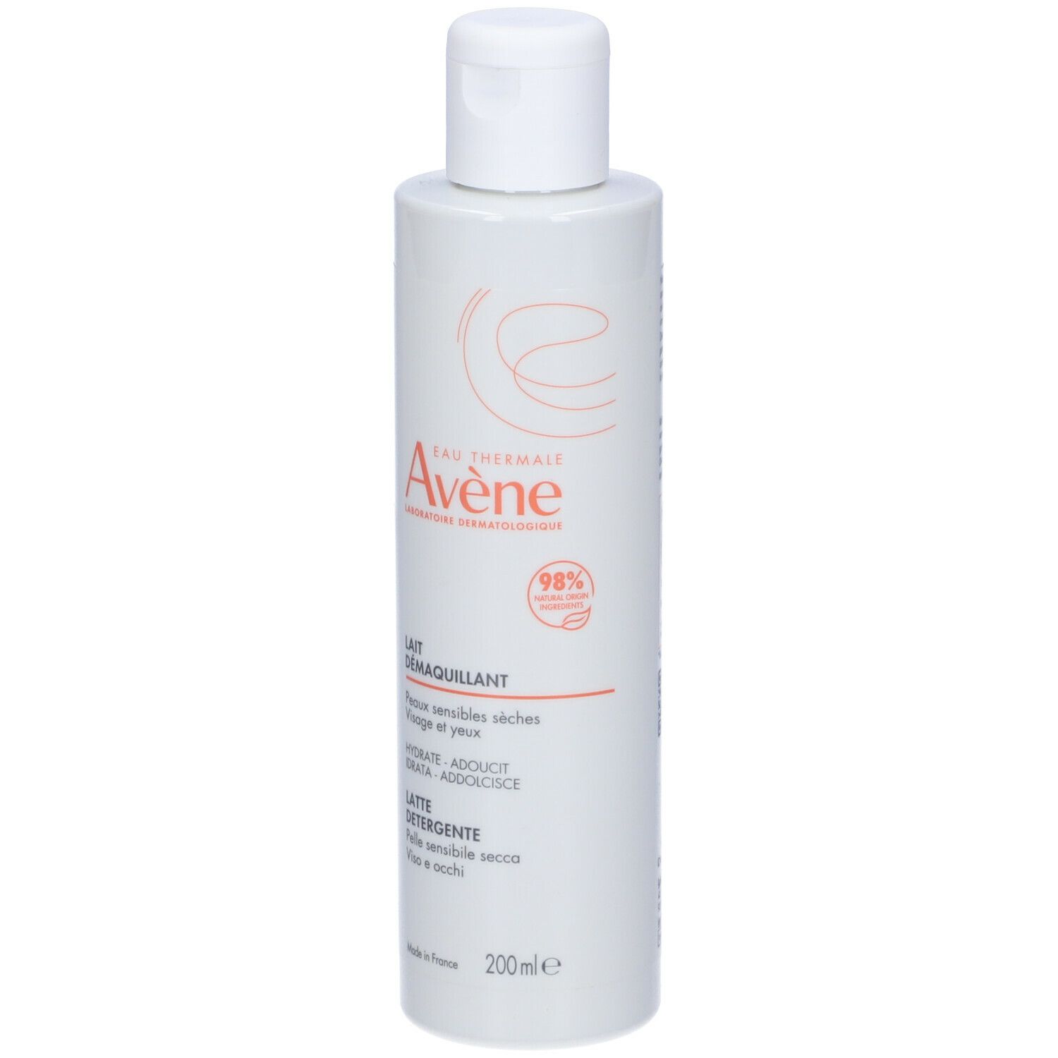 Flacone bianco con tappo bianco. Scritta: Eau Thermale Avène, Lait Démaquillant, 200ml. Per pelli secche e sensibili.