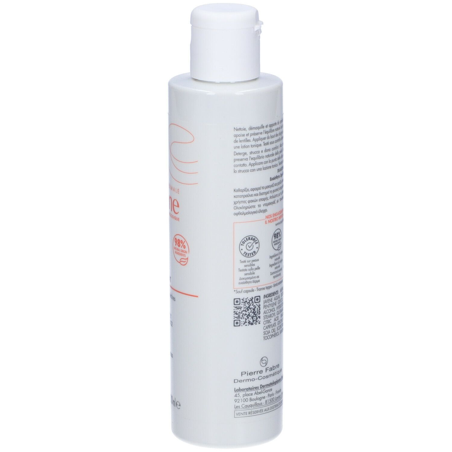 Retro del flacone bianco. Testo: ingredienti, certificazioni, codice QR. Produttore: Pierre Fabre.