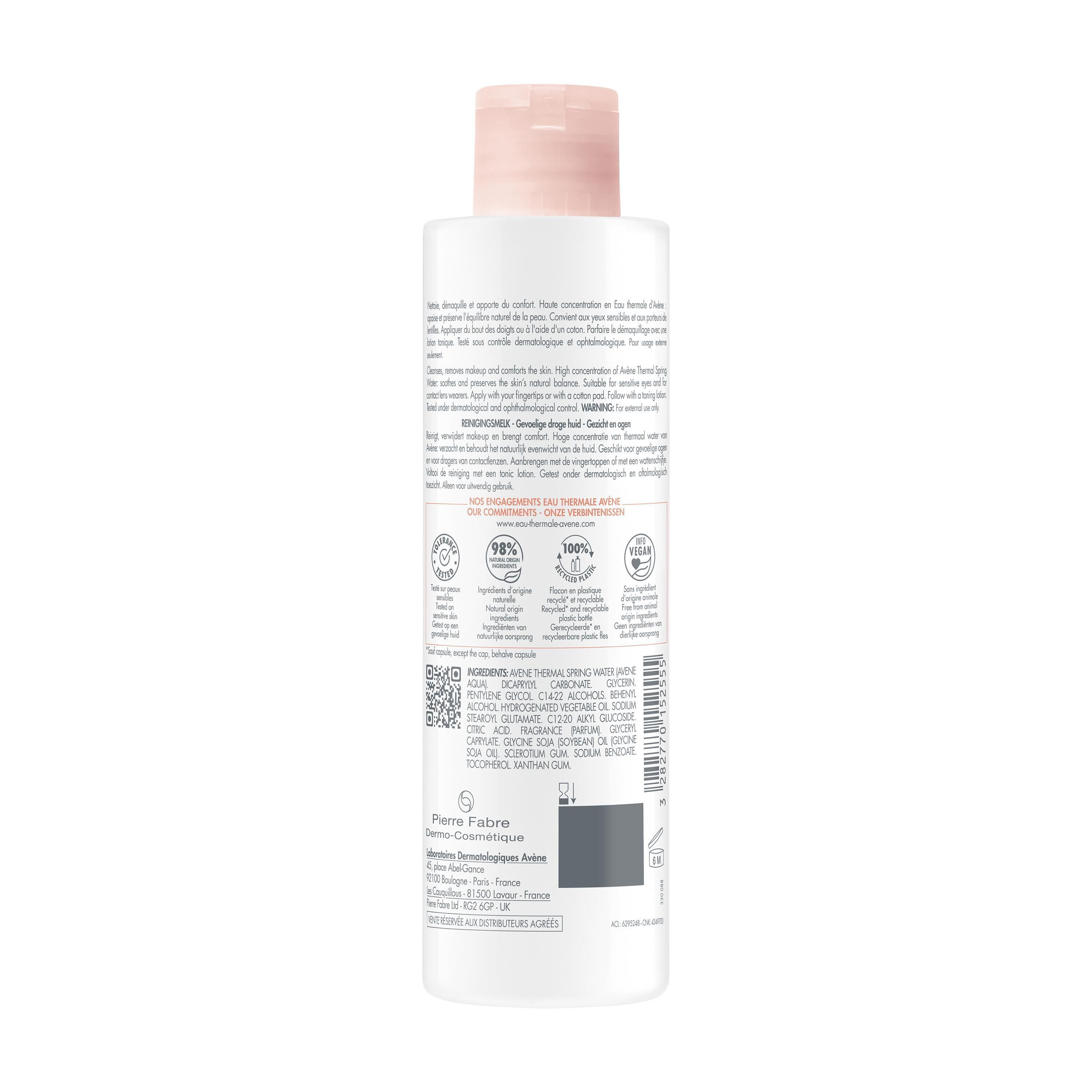 Retro del flacone bianco. Testo: ingredienti, certificazioni, codice QR. Produttore: Pierre Fabre.