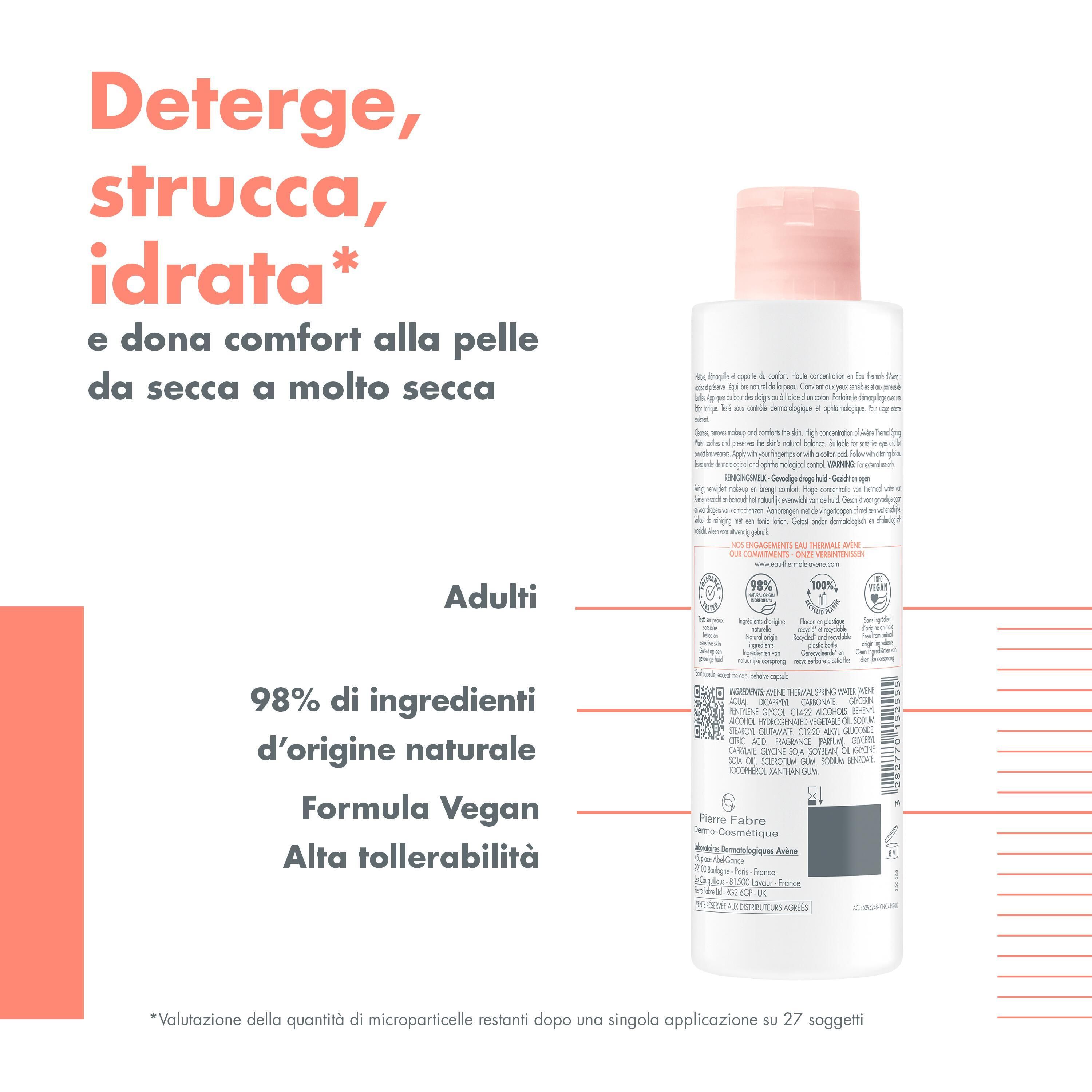 Immagine del prodotto con testo: Deterge, strucca, idrata. 98% ingredienti di origine naturale. Vegano.