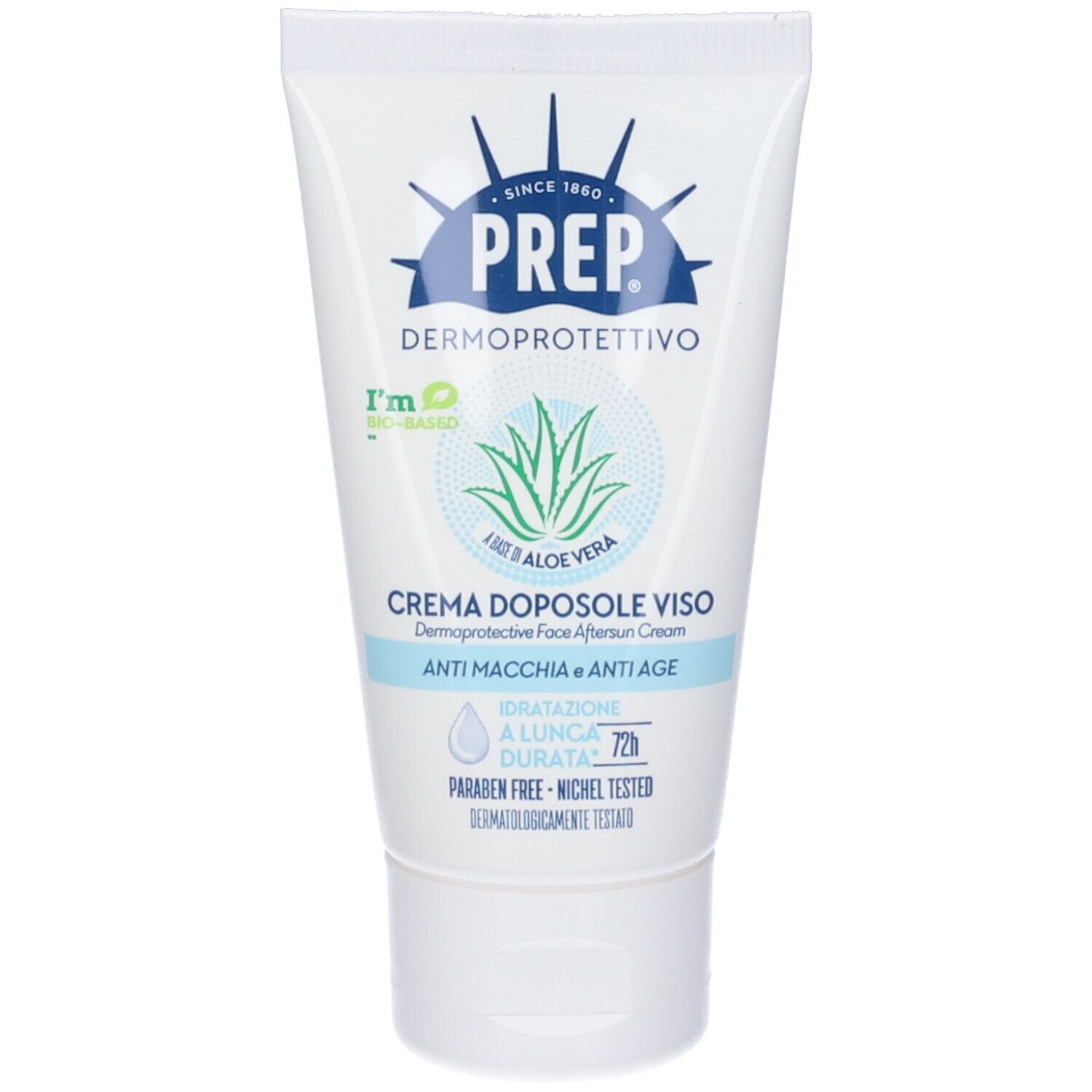 Tubo di crema PREP, con logo Aloe Vera e scritta 'CREMA DOPOSOLE VISO'. Contiene testo in italiano.