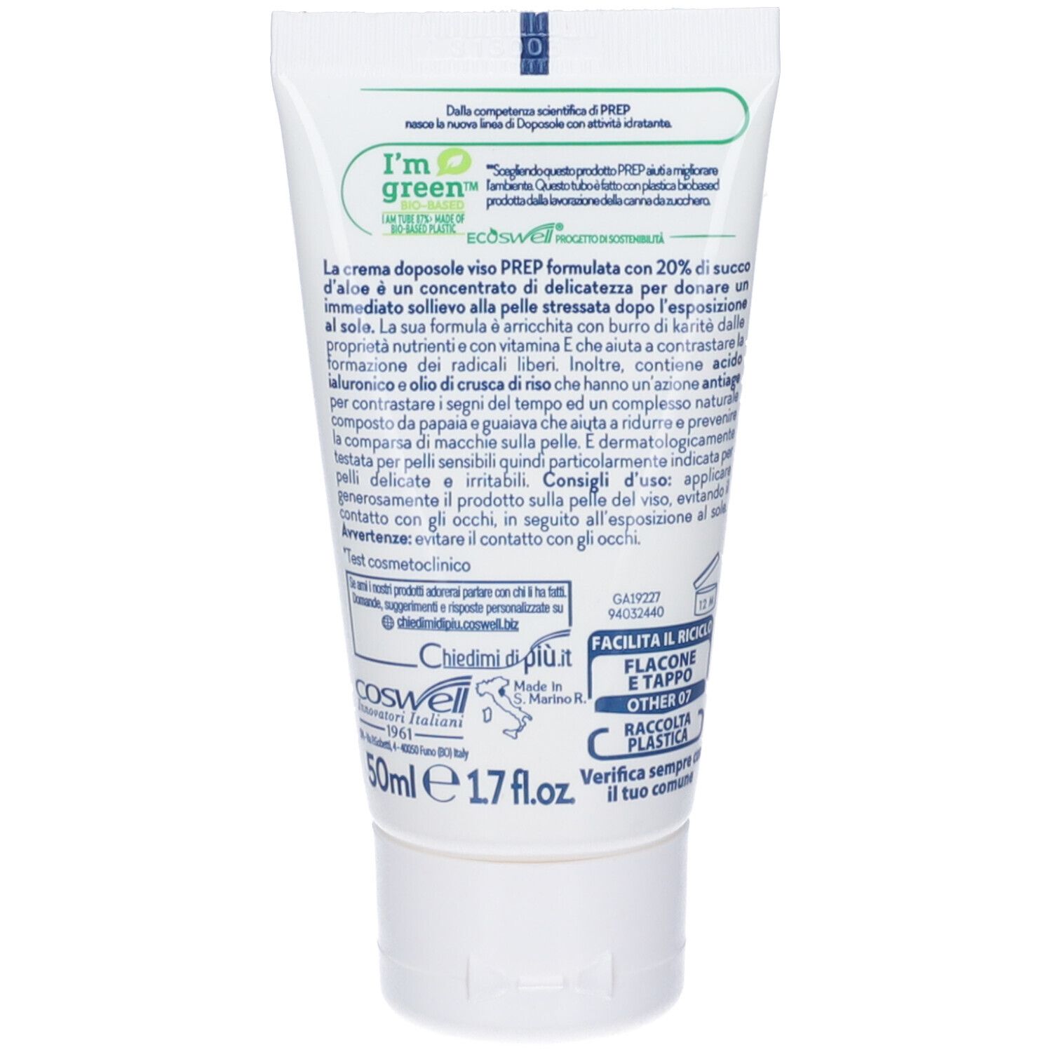 Retro del tubo di crema con testo in italiano. Contiene informazioni sugli ingredienti e il produttore.