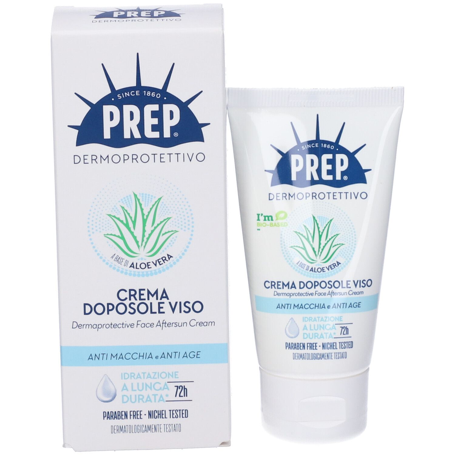 Confezione e tubo PREP 'CREMA DOPOSOLE VISO'. Entrambi mostrano logo, Aloe Vera e testo in italiano.