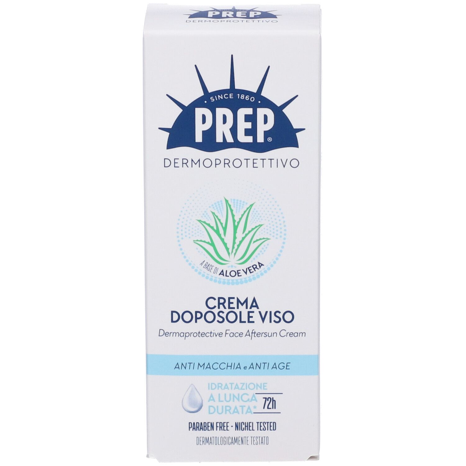 Scatola di cartone PREP 'CREMA DOPOSOLE VISO'. Mostra logo, Aloe Vera e testo in italiano.