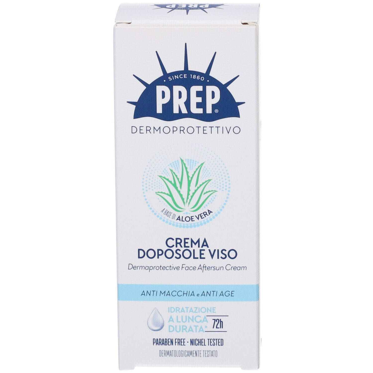 Scatola di cartone PREP 'CREMA DOPOSOLE VISO'. Mostra logo, Aloe Vera e testo in italiano.