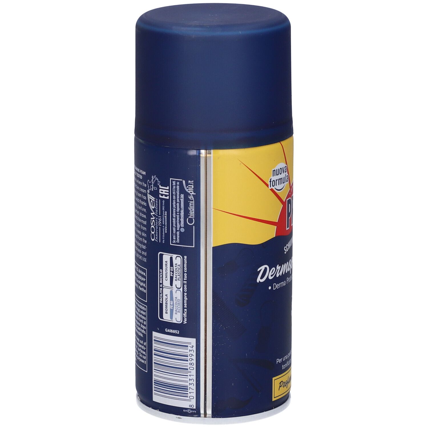 Blaue Dose. Auf der Seite: Barcode, Text und Logos. Eines davon ist das COSMETICI-Logo.