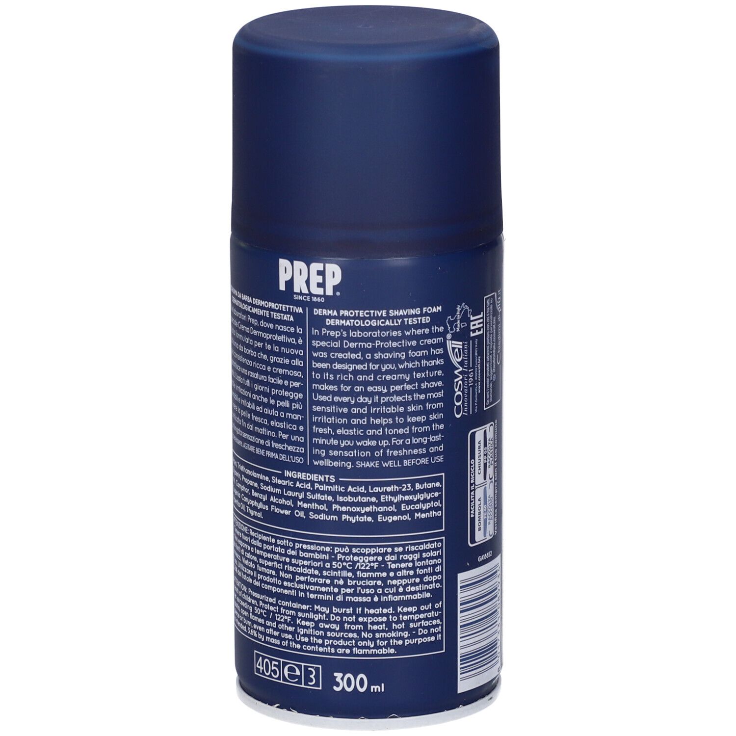 Blaue Dose. Aufschrift: PREP, Dermoprotettiva, Inhaltsstoffe, Warnhinweise. Volumen: 300 ml.