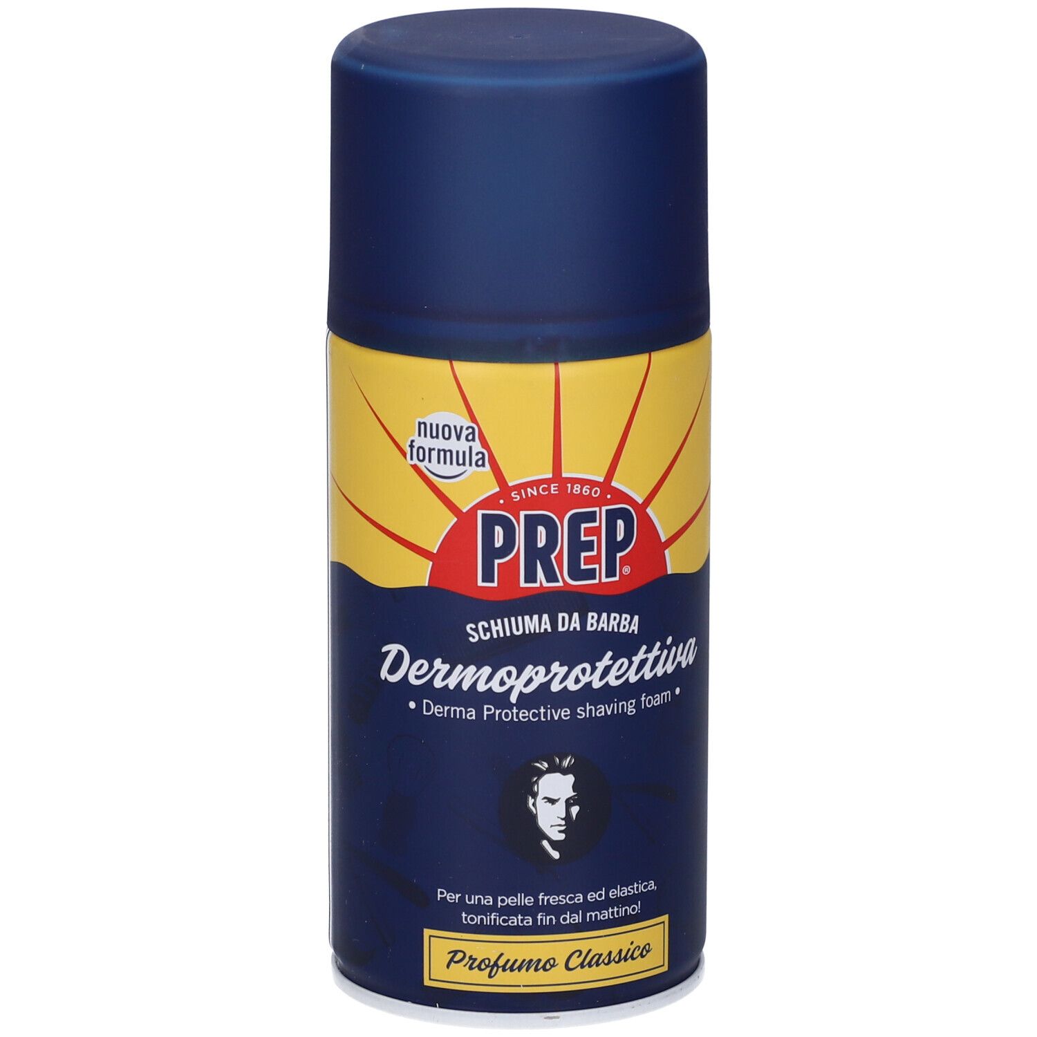 Blaue Dose mit gelbem Etikett. Aufschrift: PREP, Schiuma da Barba Dermoprotettiva, Profumo Classico. Abbildung eines Mannes.