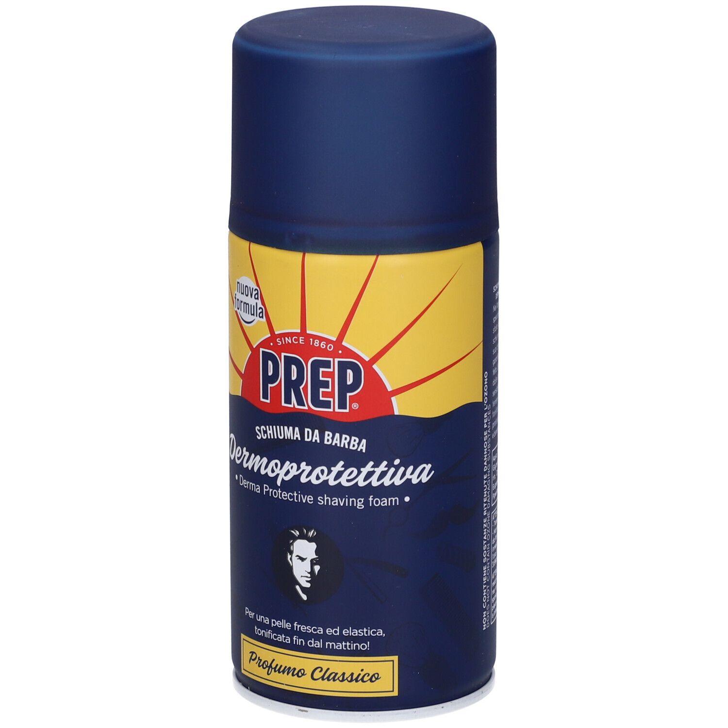 Blaue Dose mit gelbem Etikett. Aufschrift: PREP, Schiuma da Barba Dermoprotettiva, Profumo Classico. Abbildung eines Mannes.