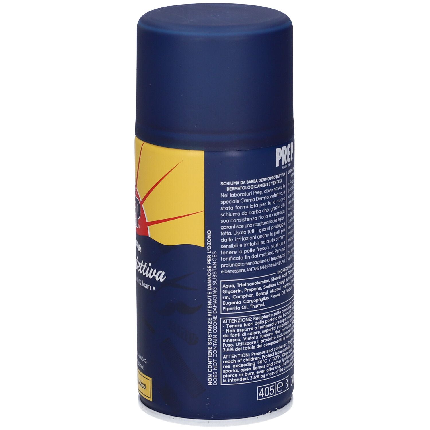 Blaue Dose. Aufschrift: PREP, Dermoprotettiva, Inhaltsstoffe, Warnhinweise. Volumen: 300 ml.