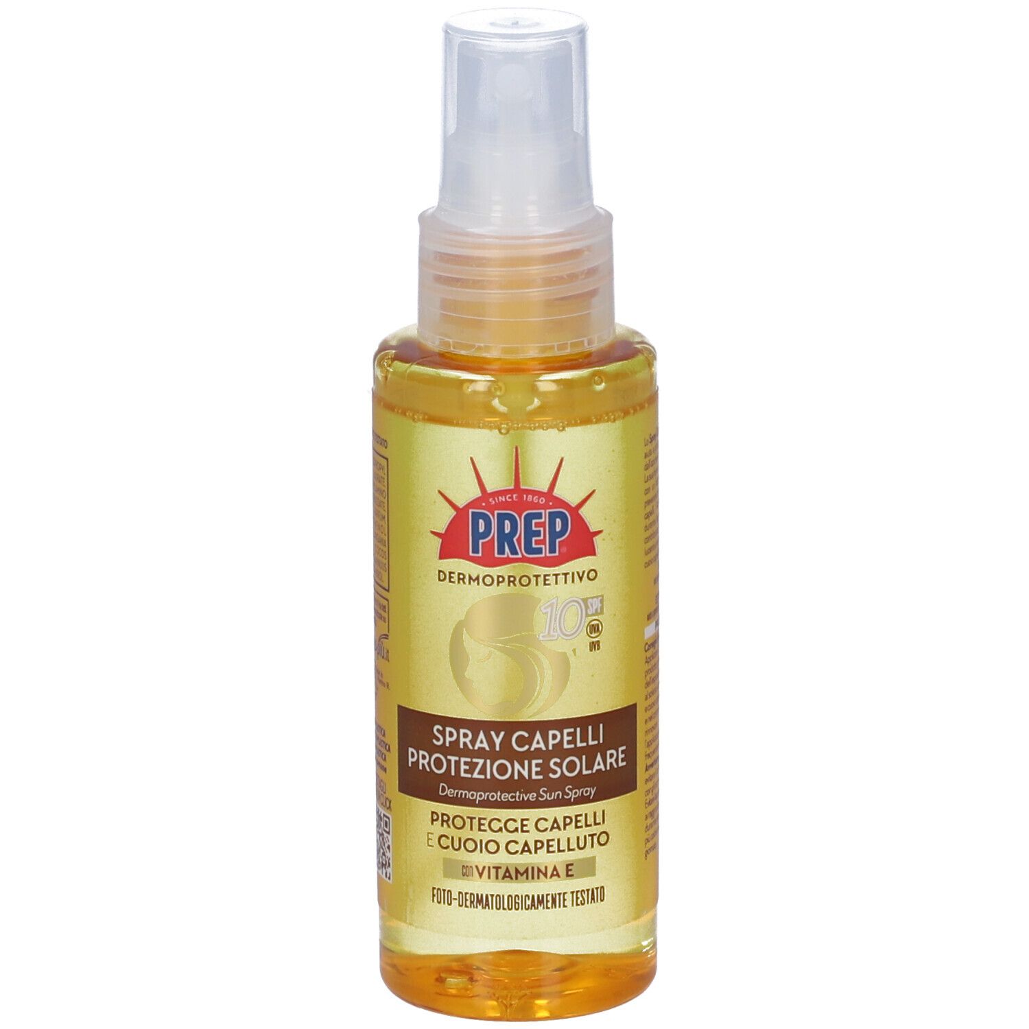 Flacone spray con liquido giallastro. Scritta: PREP, Spray Capelli Protezione Solare, SPF 10.