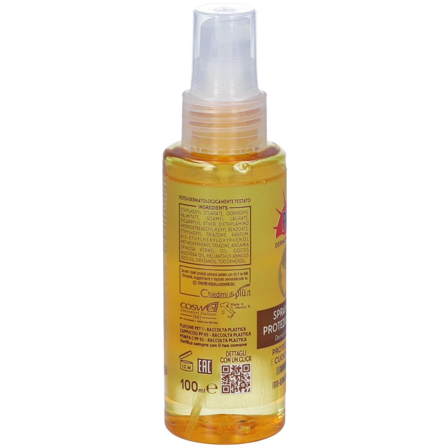 Retro di un flacone spray. Contiene testo, codice QR e informazioni sulla composizione. Volume: 100 ml.