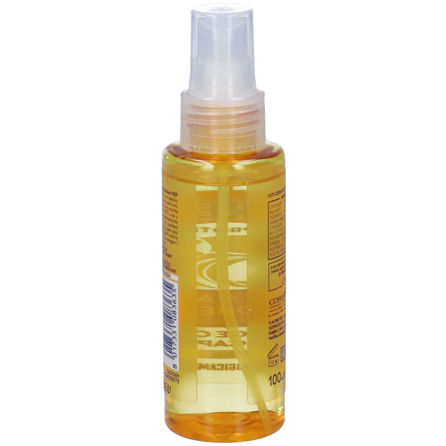 Vista posteriore di un flacone spray. Contiene testo e informazioni sulla composizione. Volume: 100 ml.