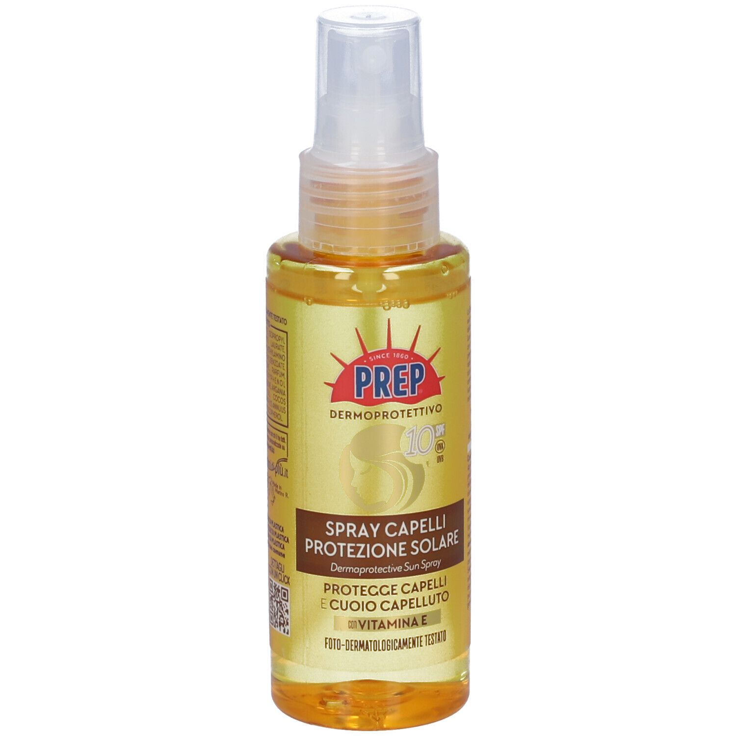 Flacone spray con liquido giallastro. Scritta: PREP, Spray Capelli Protezione Solare, SPF 10.