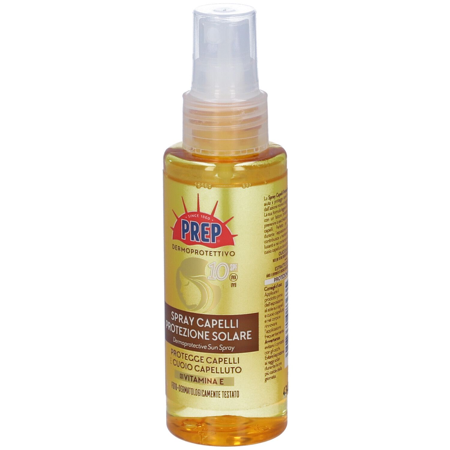 Flacone spray con liquido giallastro. Scritta: PREP, Spray Capelli Protezione Solare, SPF 10.