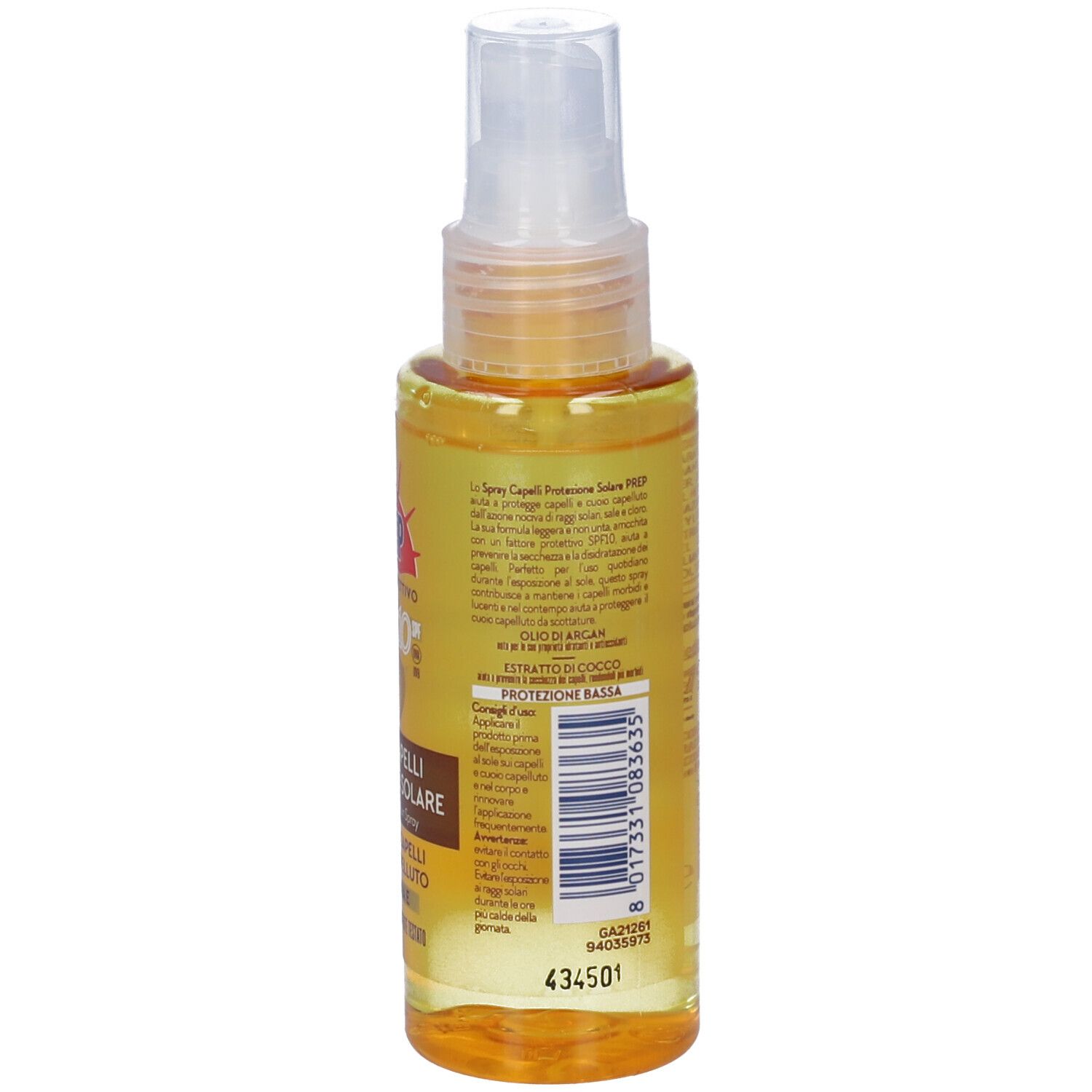 Retro di un flacone spray. Contiene testo, codice QR e informazioni sulla composizione. Volume: 100 ml.