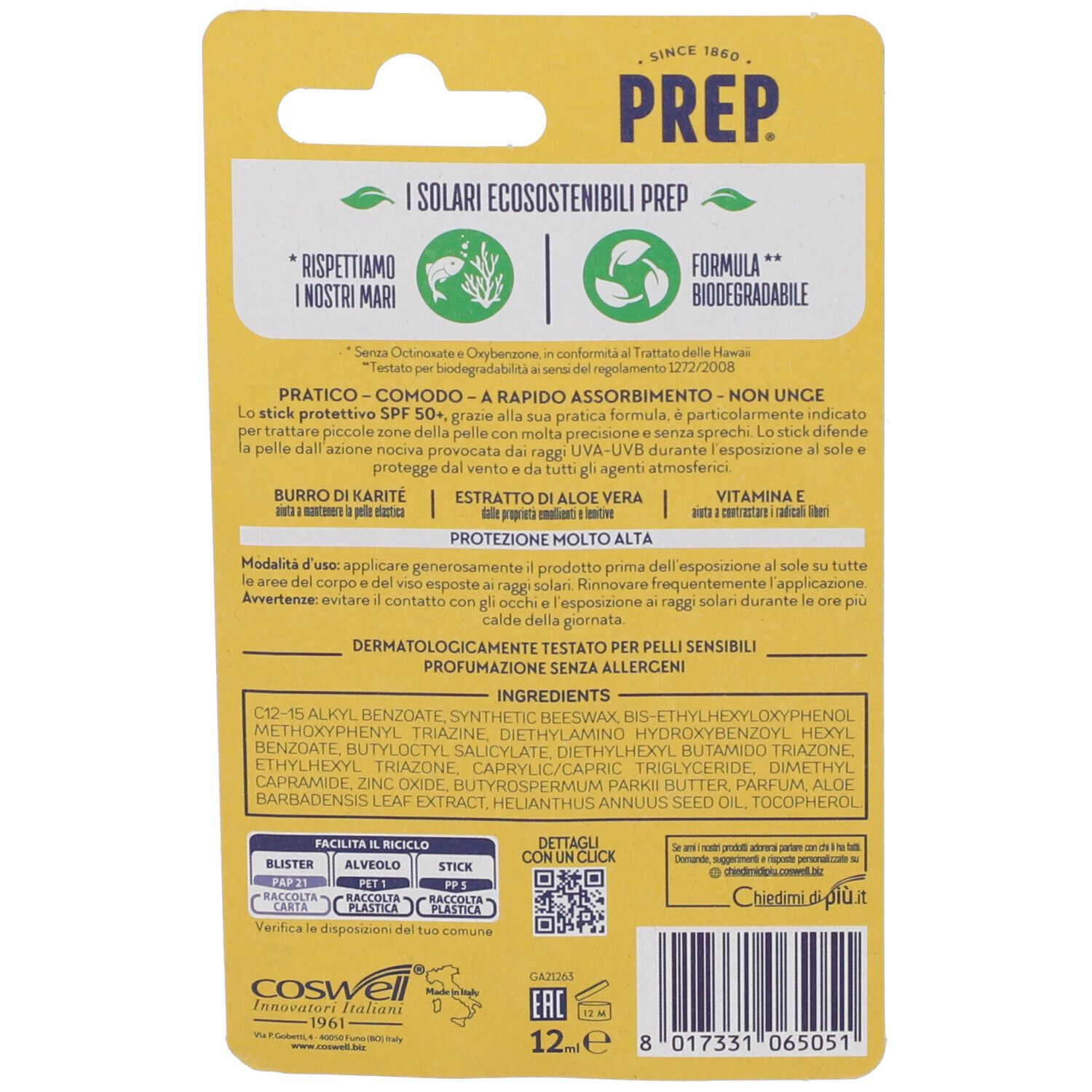 Rückseite der Blisterverpackung. Text: PREP, Dermoprotettivo, Inhaltsstoffe, Schutz vor hoher Sonneneinstrahlung, dermatologisch getestet.