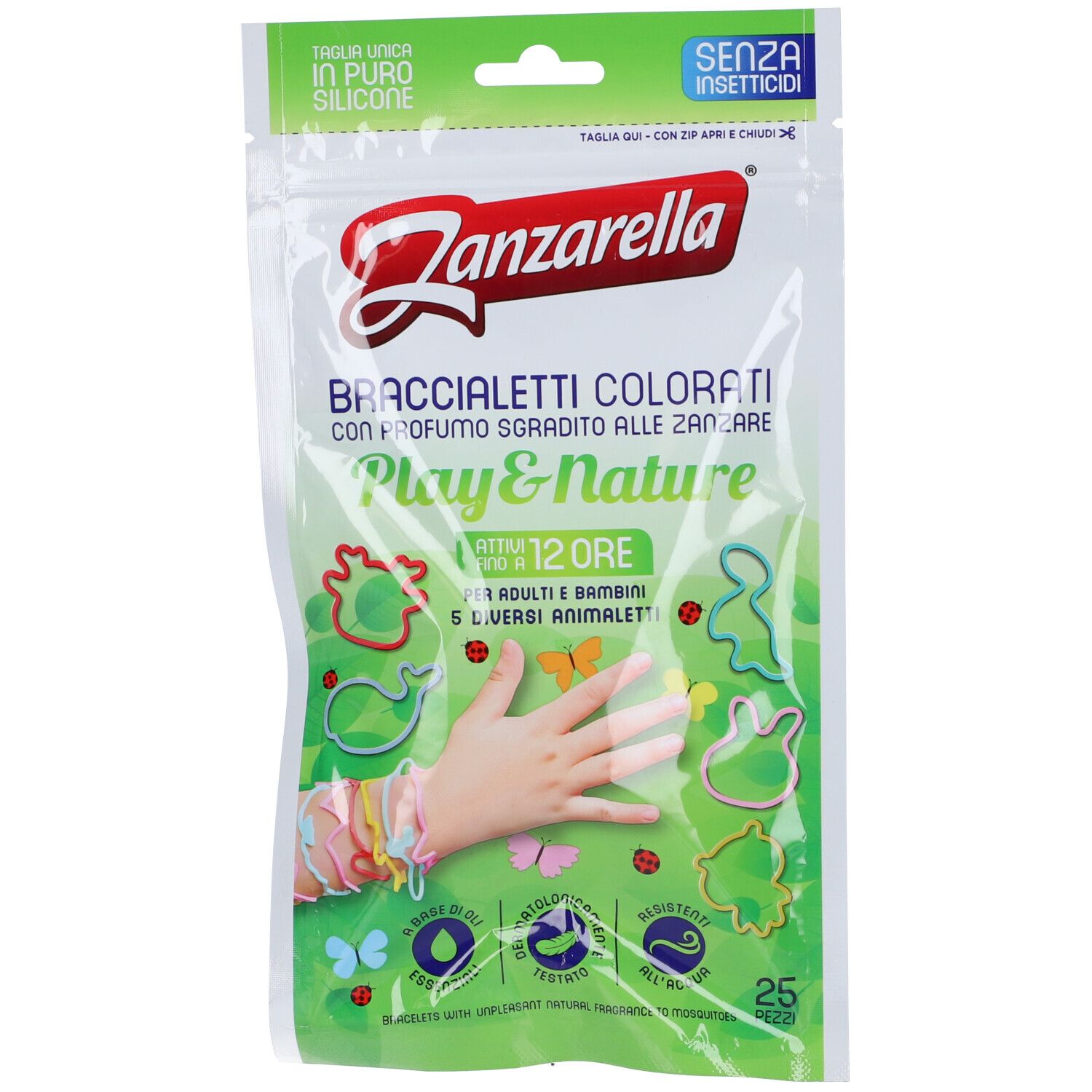 Transparente Verpackung mit farbigen Armbändern. Aufdruck: "Zanzarella", "Play&Nature", 25 Stück. Enthält Silikon.