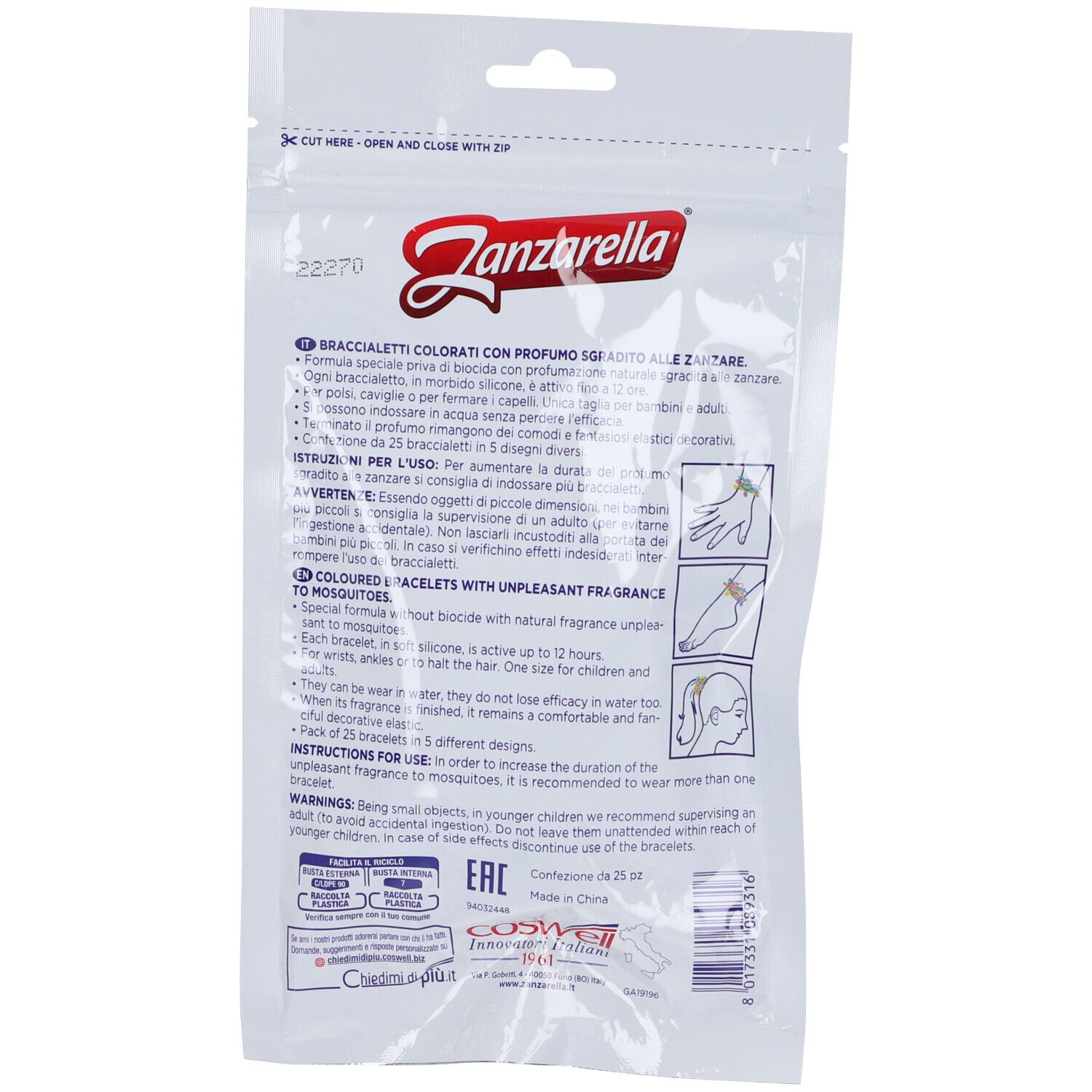 Rückseite der Verpackung mit Text und Illustrationen. Zeigt Informationen zu den Armbändern und deren Anwendung.