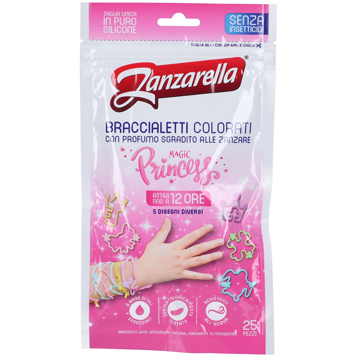 Confezione rosa Zanzarella Princess. Braccialetti colorati, 25 pezzi, con disegni diversi. Profumo repellente zanzare.