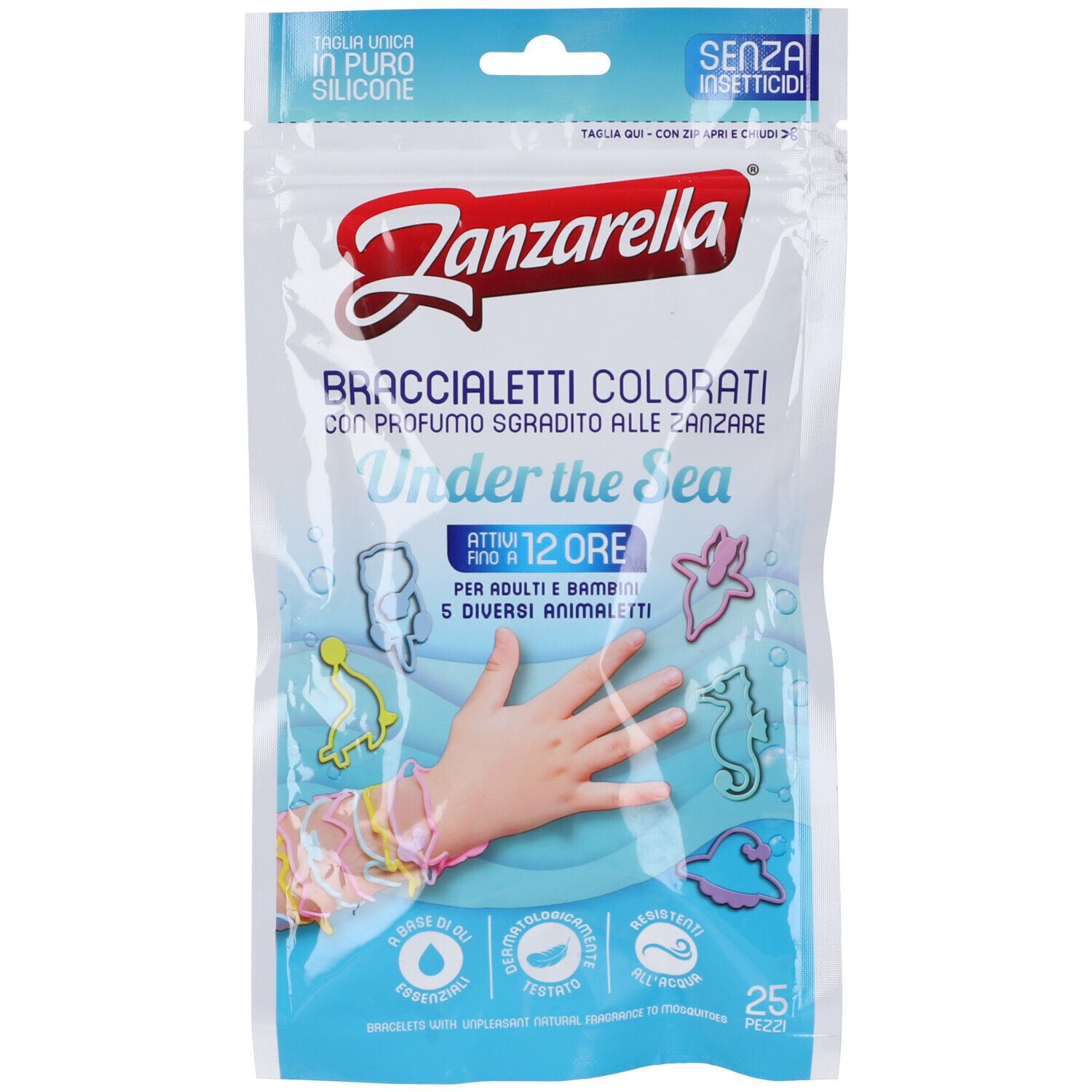 Transparente Verpackung mit bunten Armbändern. Aufschrift: Zanzarella, Under the Sea. 25 Stück.