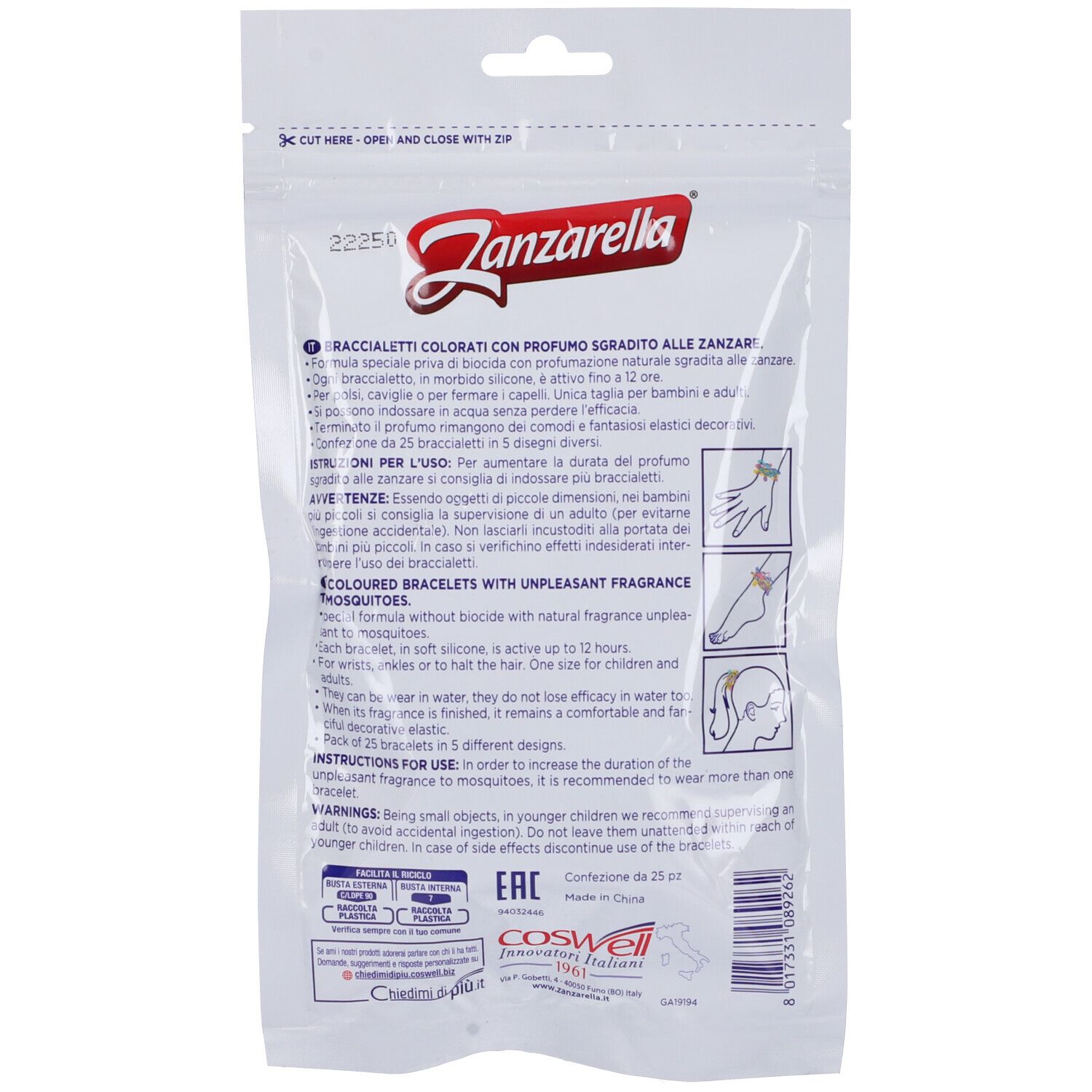 Rückseite der Verpackung. Text und Illustrationen. Aufschrift: Zanzarella. 25 farbige Armbänder.