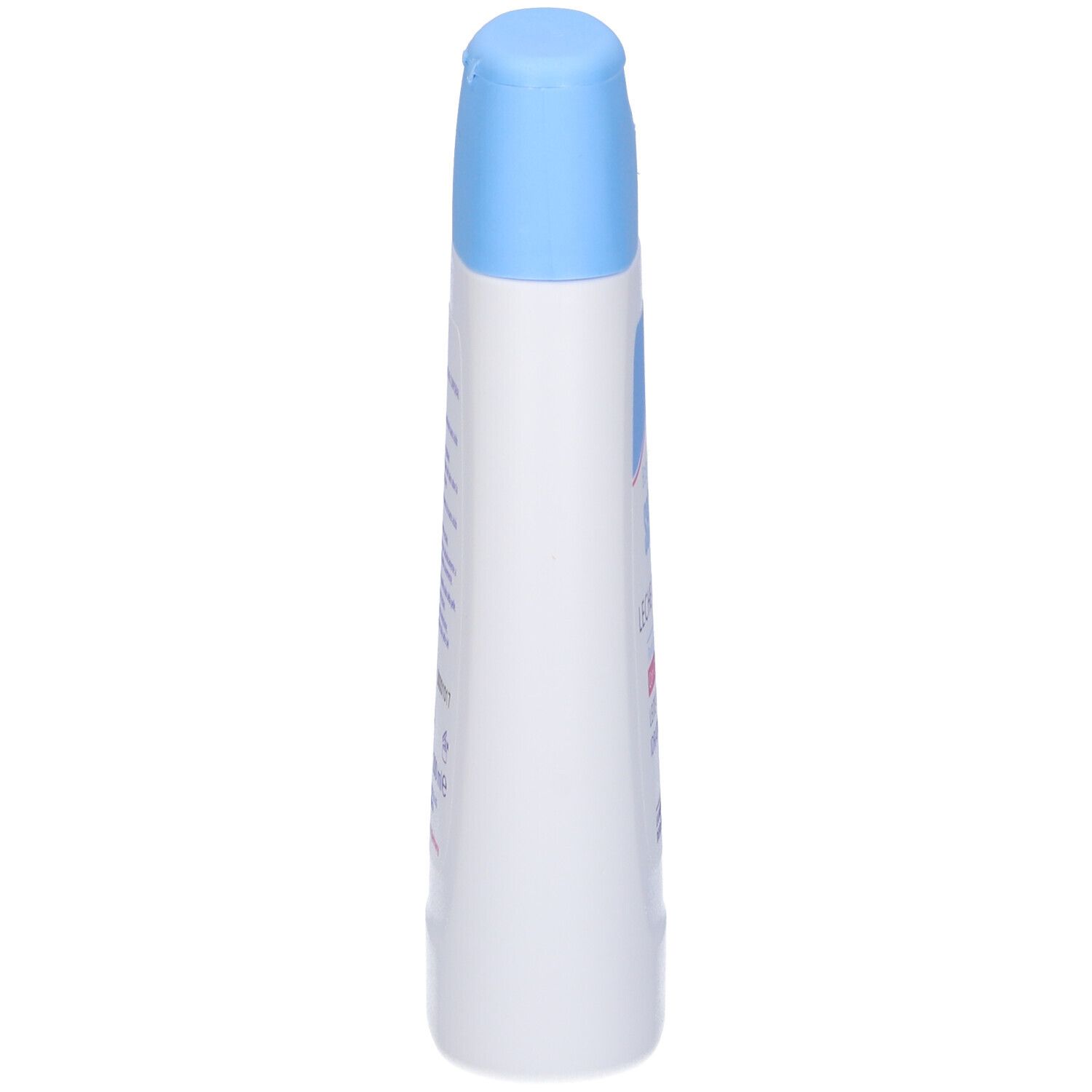 Flacone bianco stretto, tappo blu. Testo sul retro. Prodotto: Sebamed Baby Leche Corporal. pH 5.5. Con camomilla.
