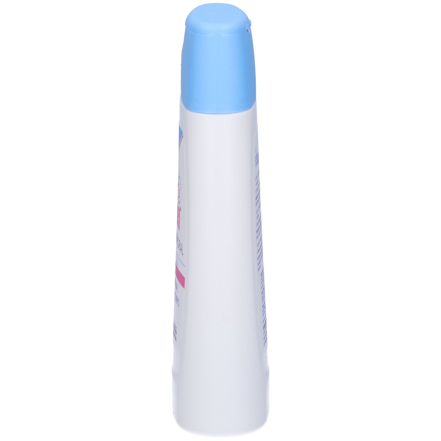 Flacone bianco stretto, tappo blu. Prodotto: Sebamed Baby Leche Corporal. pH 5.5. Con camomilla. Testo sul lato.
