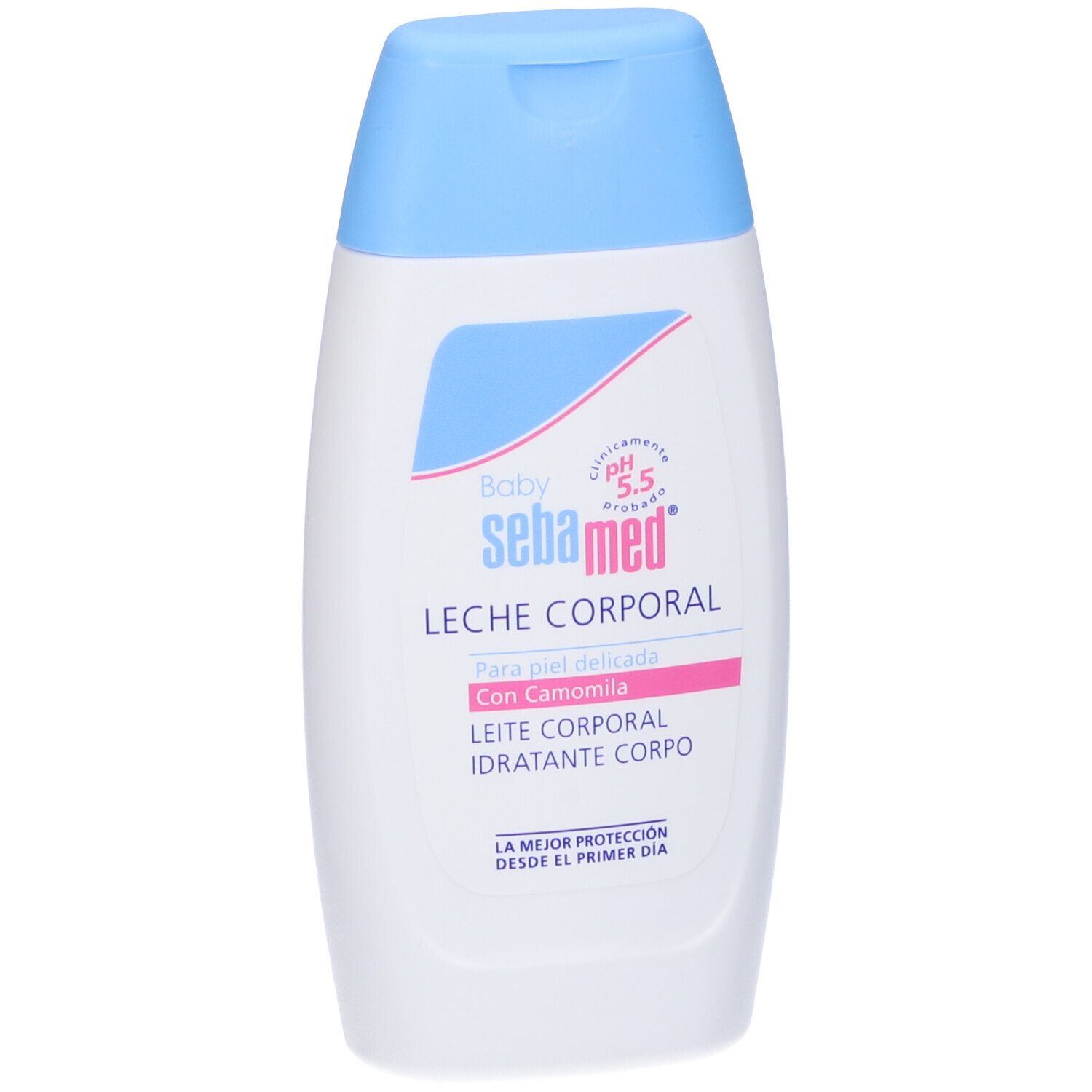 Flacone bianco-azzurro Sebamed Baby. Testo: Leche Corporal, pH 5.5, con camomilla, per pelle delicata. Tappo azzurro.