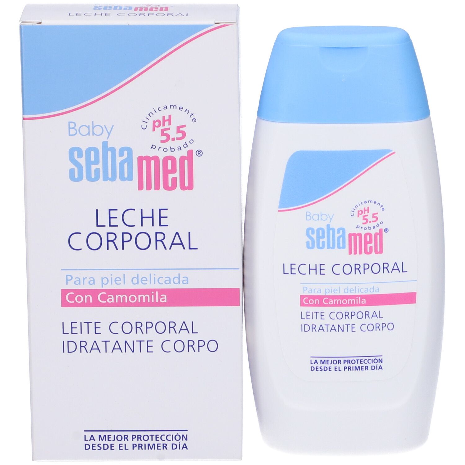 Prodotto e confezione. Sebamed Baby Leche Corporal. pH 5.5. Con camomilla. Flacone e scatola bianchi. Per pelle delicata.