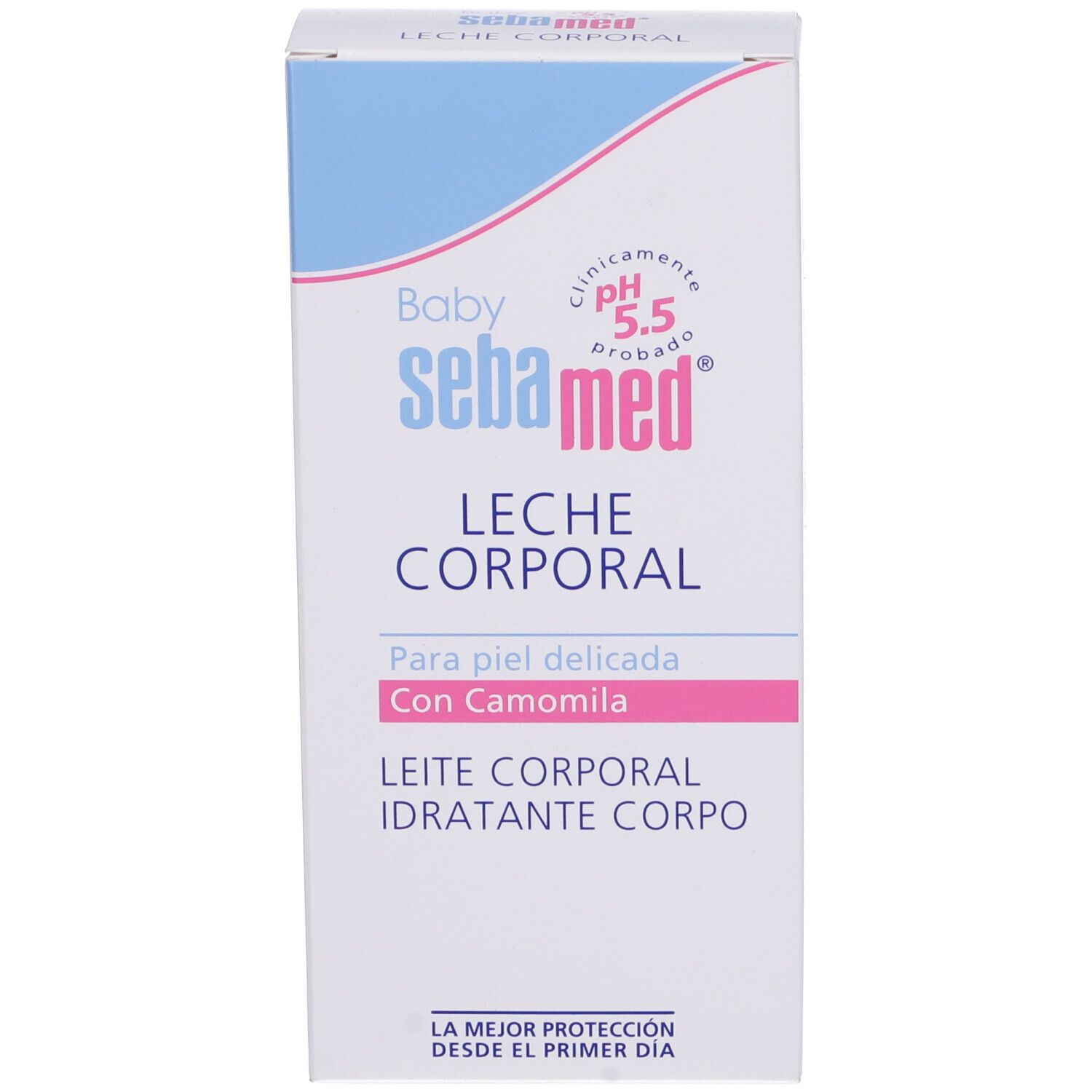 Confezione bianca del prodotto. Testo: Sebamed Baby Leche Corporal, pH 5.5, con camomilla. Per pelle delicata. Scatola.