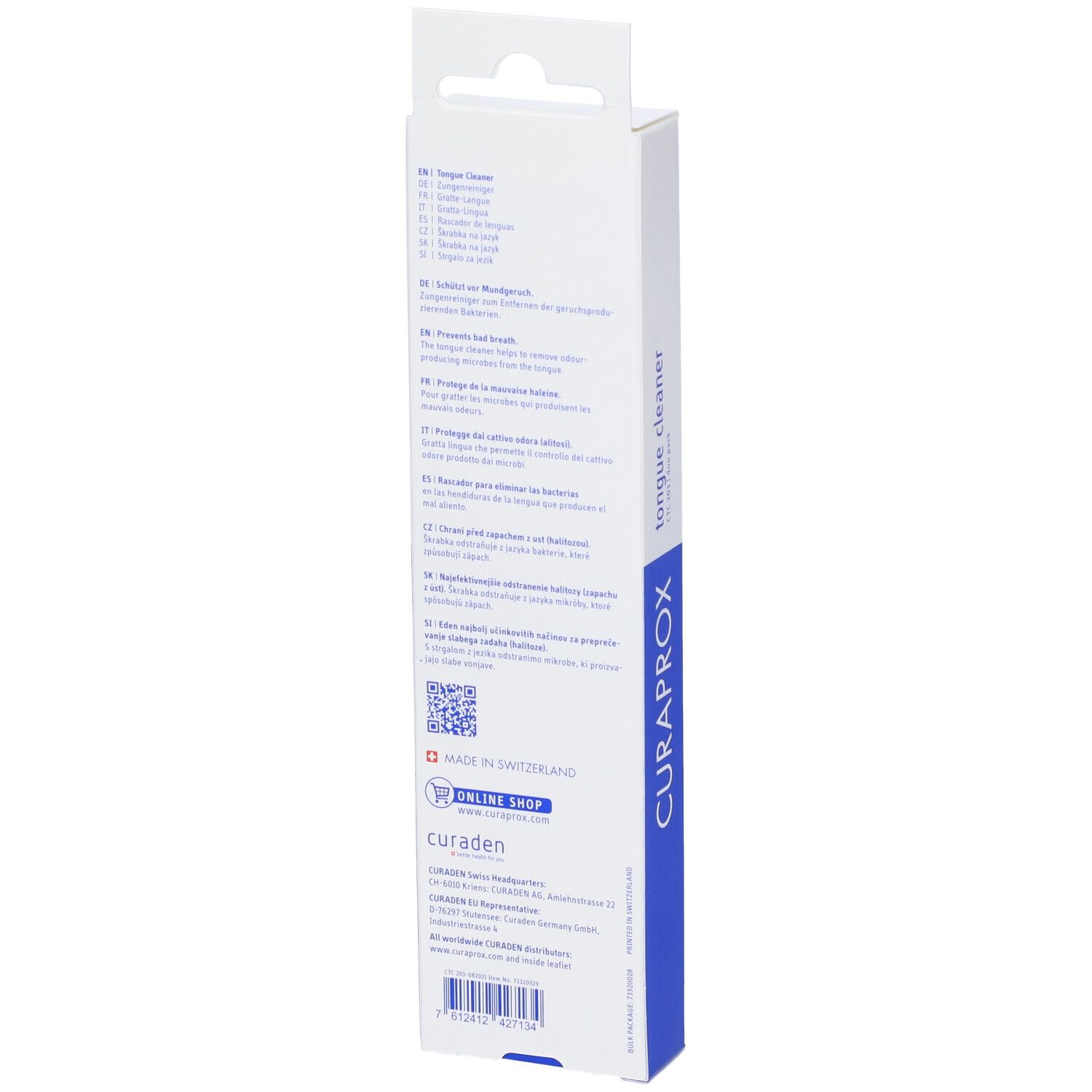 Confezione puliscilingua. Bianco con striscia blu. Marchio CURAPROX. Nome prodotto e codice QR.