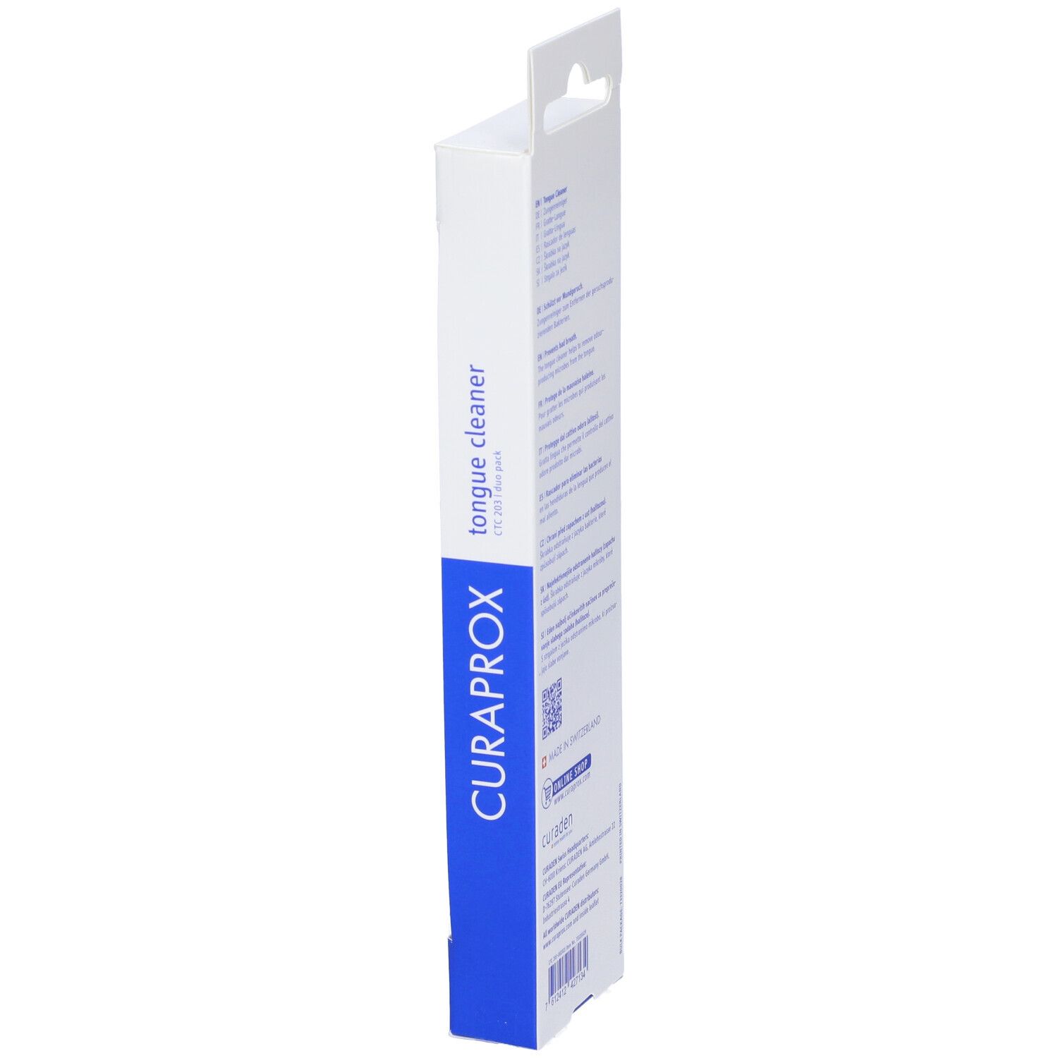 Confezione puliscilingua. Bianco con striscia blu. Marchio CURAPROX. Nome prodotto e codice QR.
