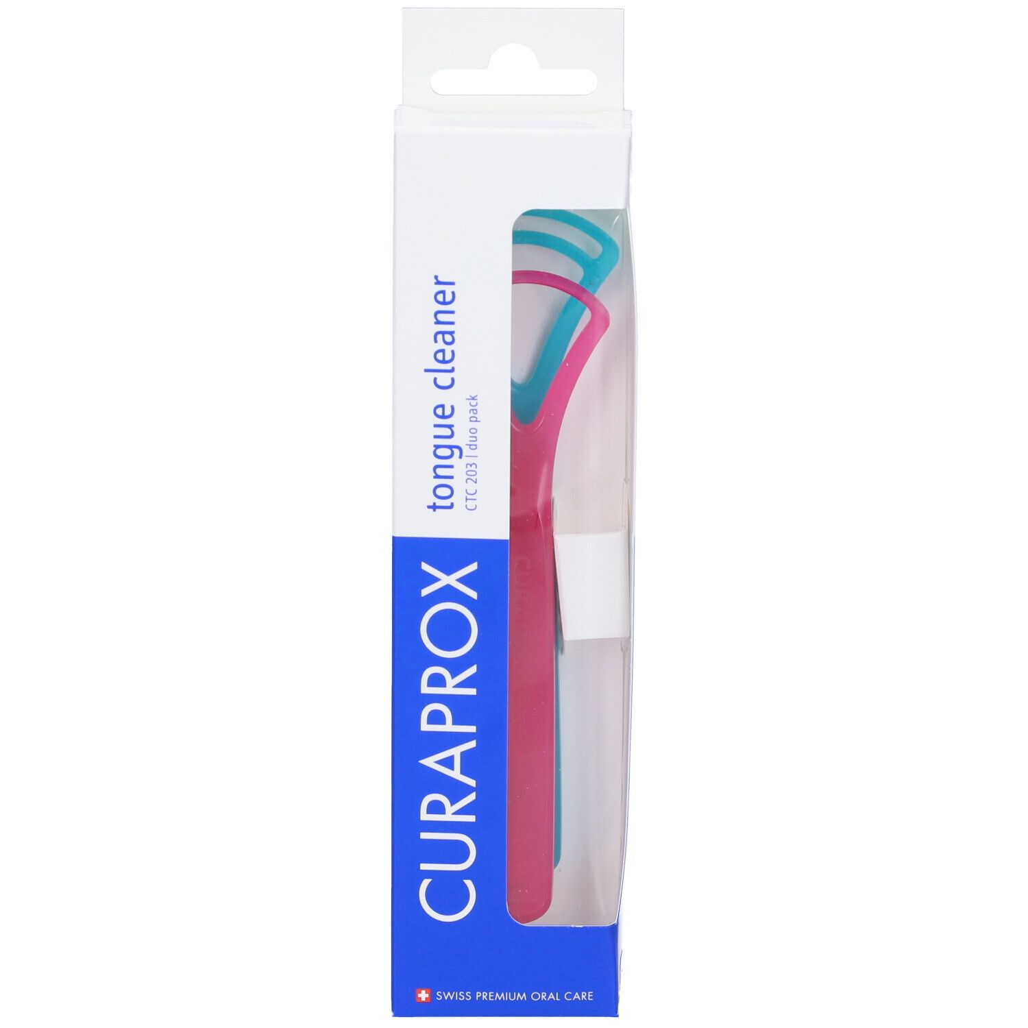 Confezione puliscilingua con due pulitori. Rosa e blu. Marchio CURAPROX.