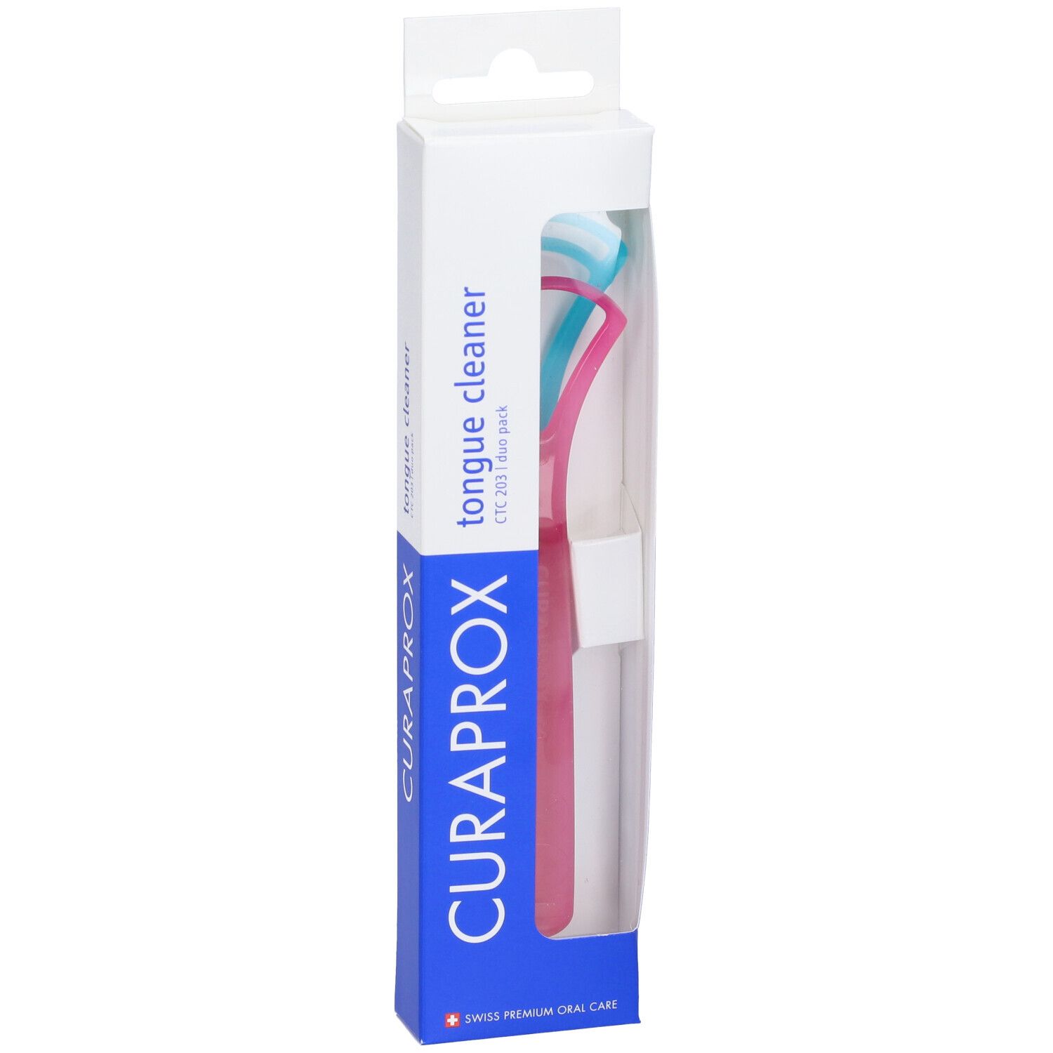 Confezione puliscilingua con due pulitori. Rosa e blu. Marchio CURAPROX.