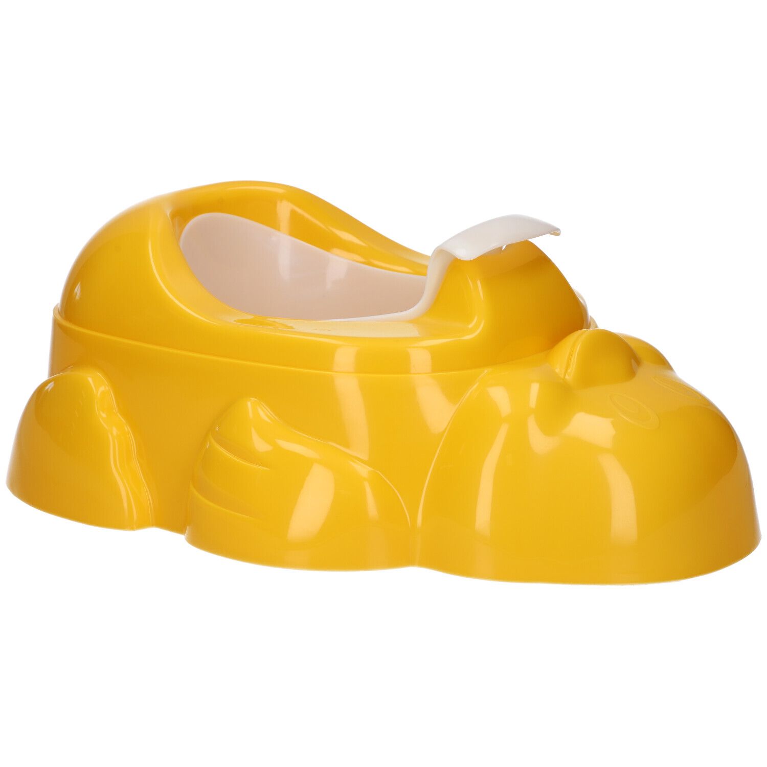 Gelber Töpfchenstuhl in Tierform mit weißem Einsatz.