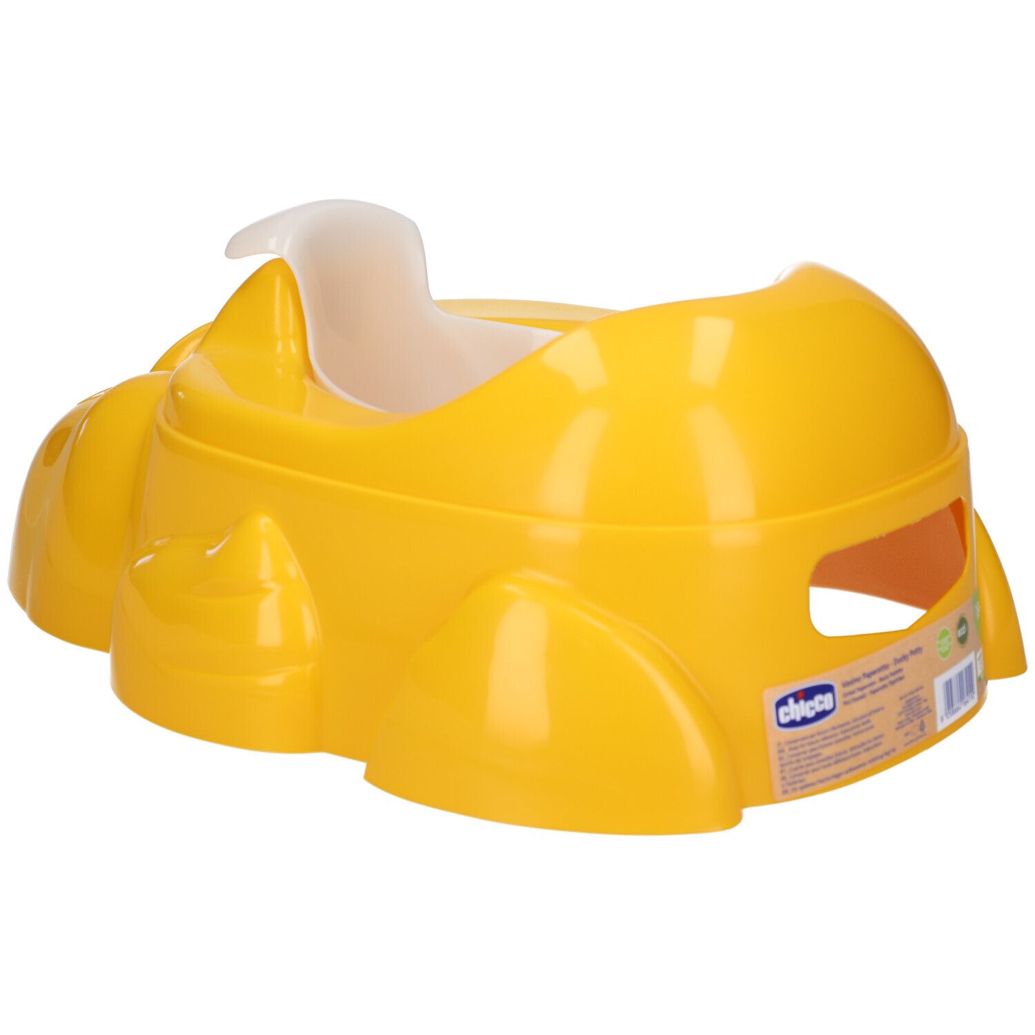 Gelber Kindertopf mit Rückenlehne und Spritzschutz. Marke Chicco.