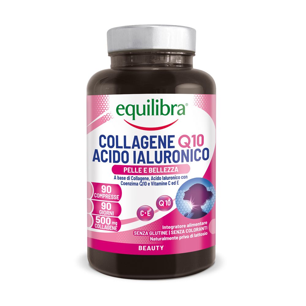 Flacone scuro con etichetta rosa. Contiene compresse. Scritta: Equilibra Collagene Q10 Acido Ialuronico. 90 compresse.