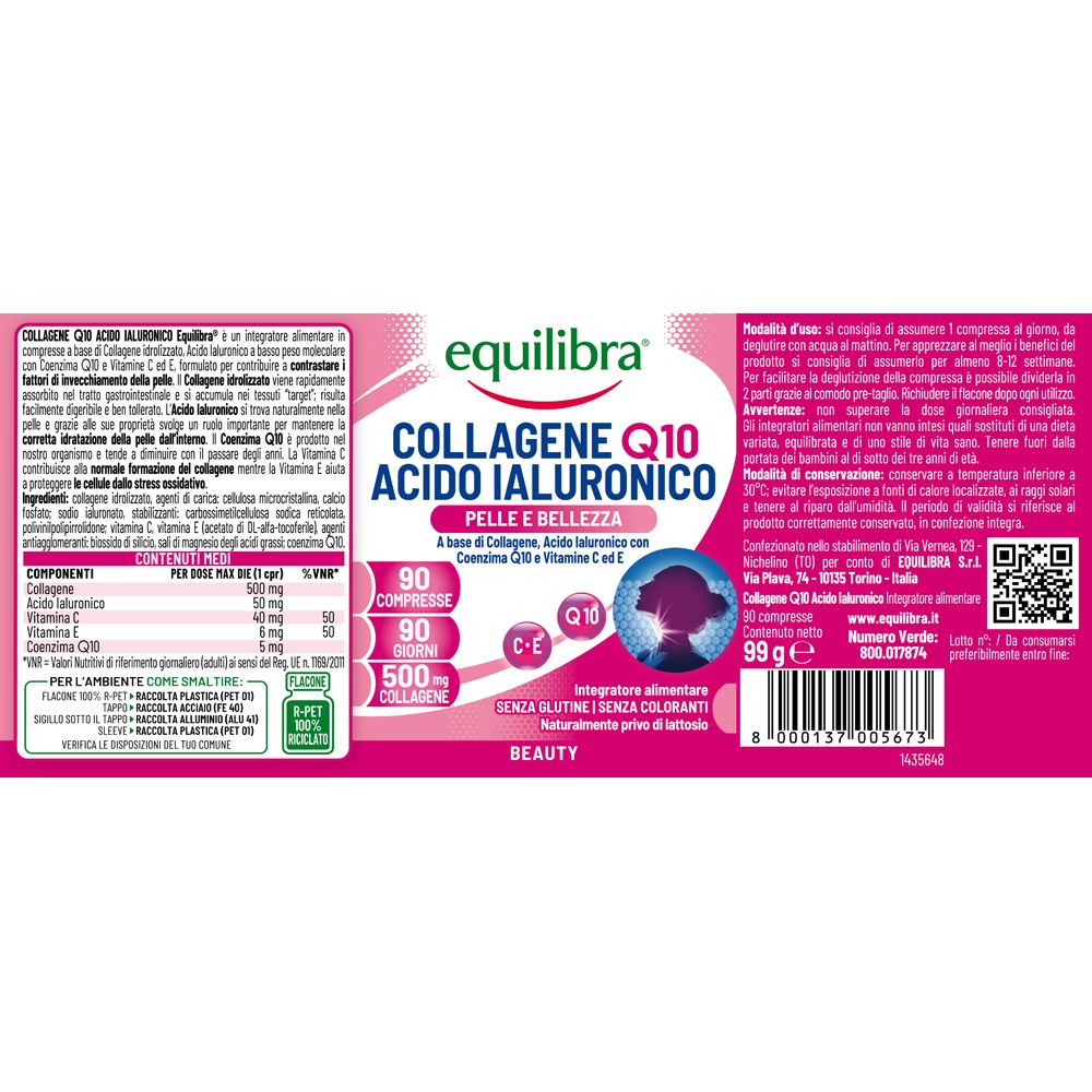 Confezione rosa con testo. Contiene informazioni su Equilibra Collagene Q10 Acido Ialuronico. Ingredienti, istruzioni.