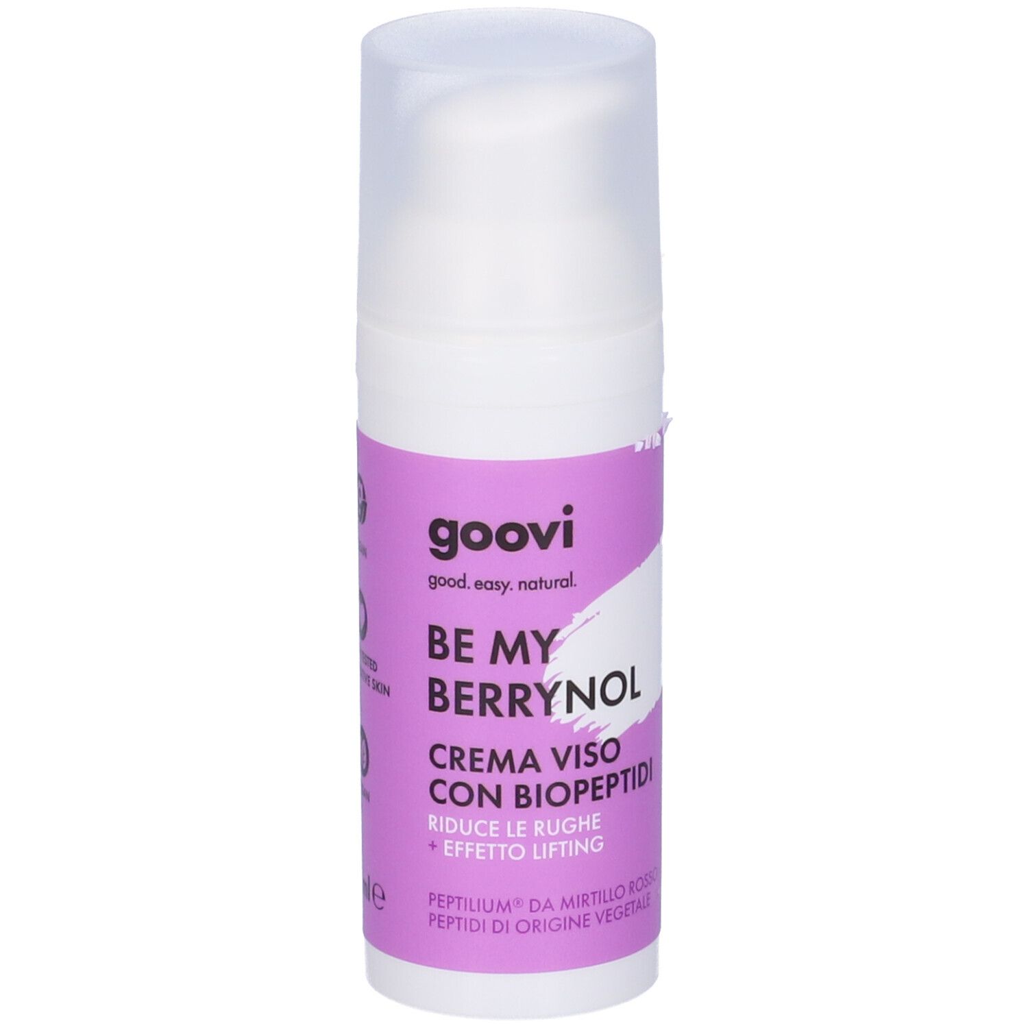 Flacone bianco con etichetta viola. Testo: Goovi, Be My Berrynol, Crema Viso con Biopeptidi. Chiusura a pompa.