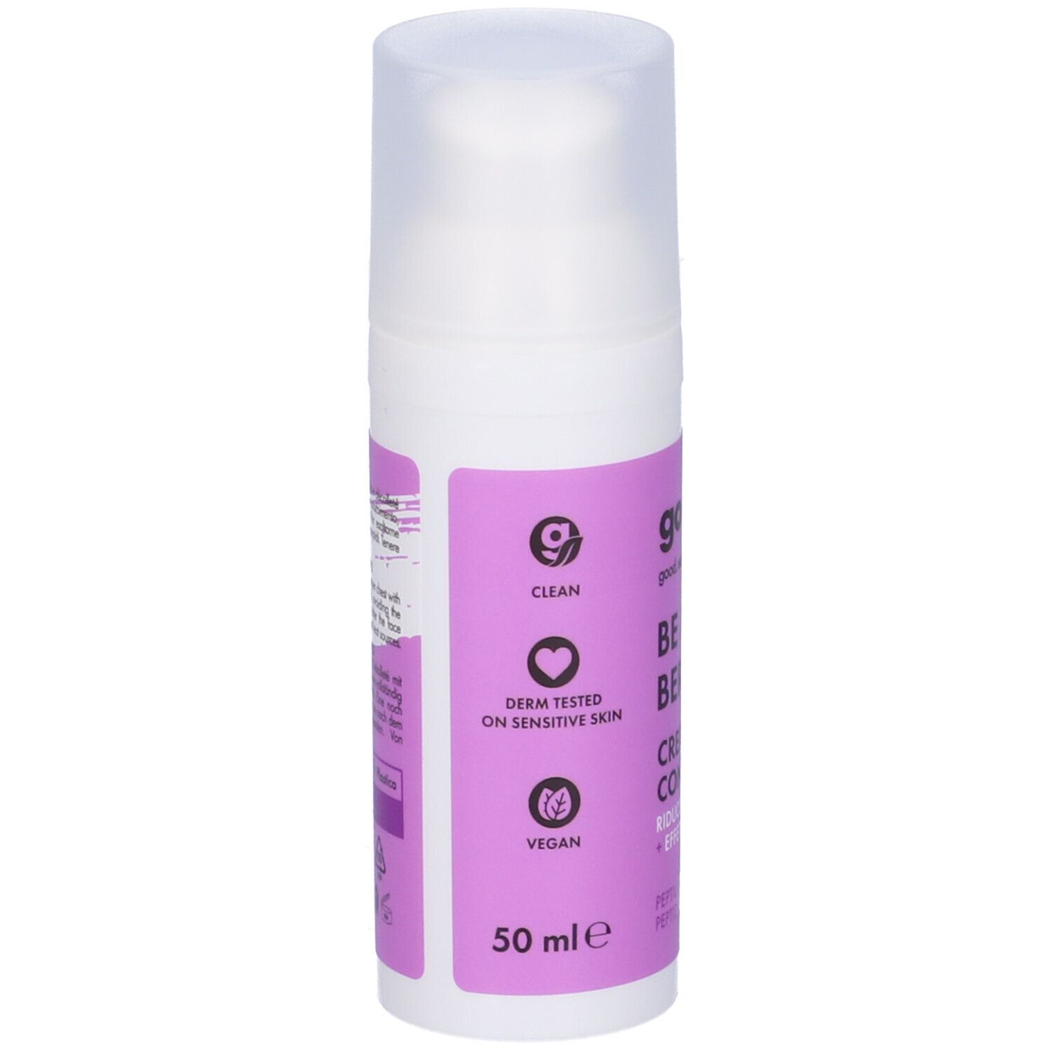 Retro del flacone bianco con etichetta viola. Testo: Goovi, Be My Berrynol, 50 ml. Vegan, testato derm.