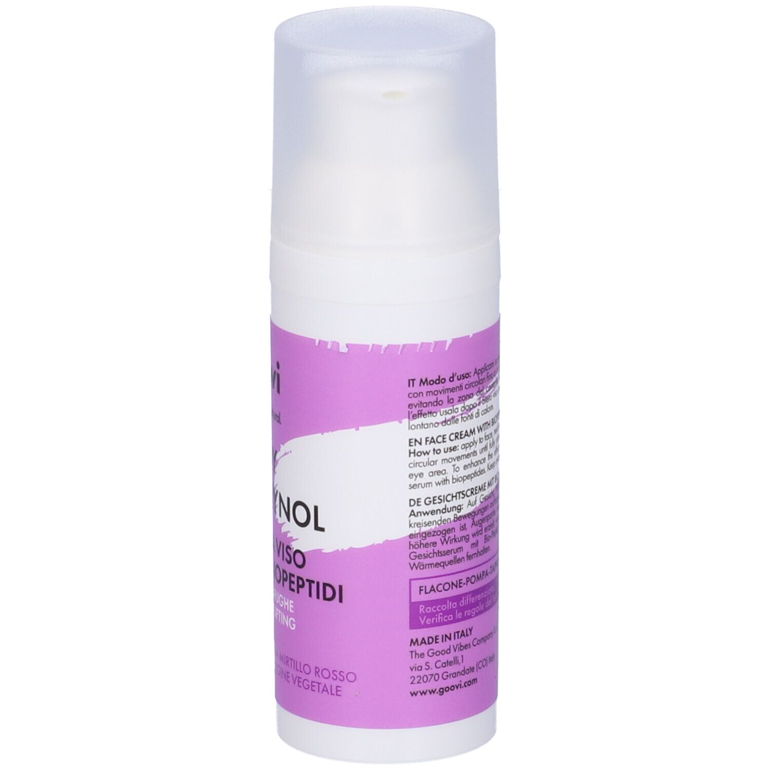 Flacone bianco con etichetta viola. Testo: Goovi, Be My Berrynol, Crema Viso con Biopeptidi. Chiusura a pompa.