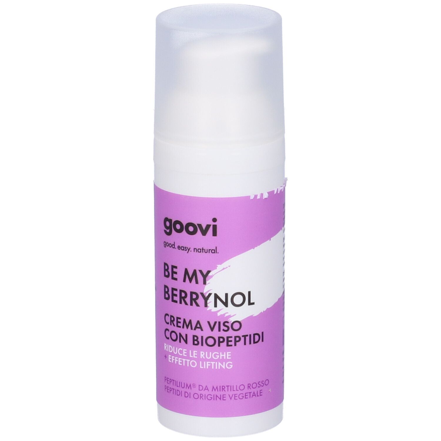 Flacone bianco con etichetta viola. Testo: Goovi, Be My Berrynol, Crema Viso con Biopeptidi. Chiusura a pompa.